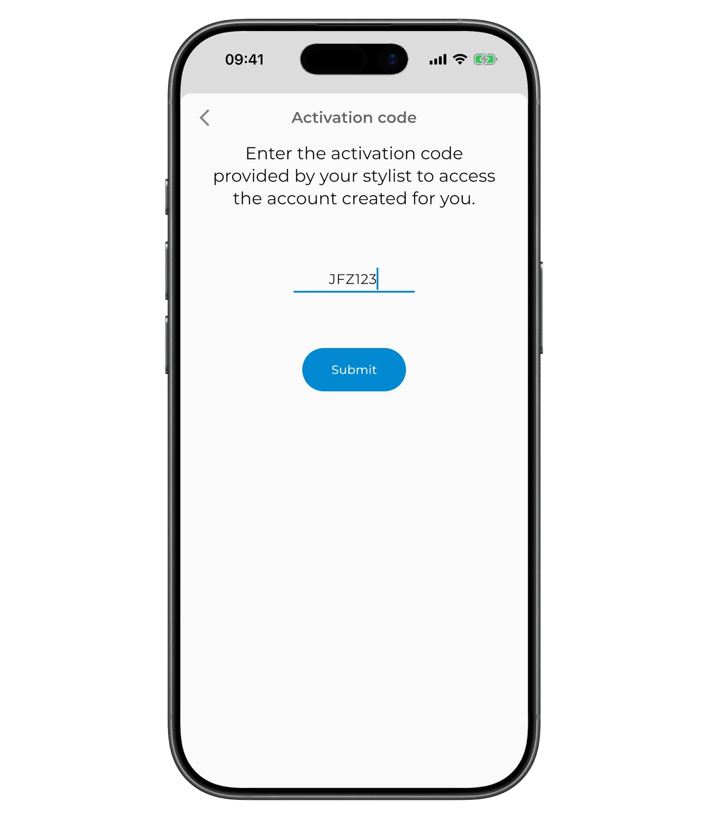 Activation code screen — code field and Submit button