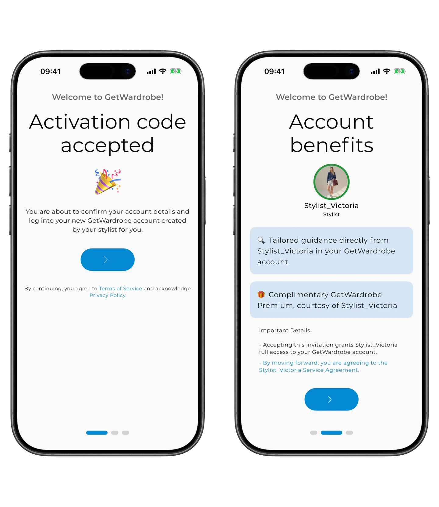 Two post-activation screens: "Activation code accepted" and "Account benefits" with your stylist