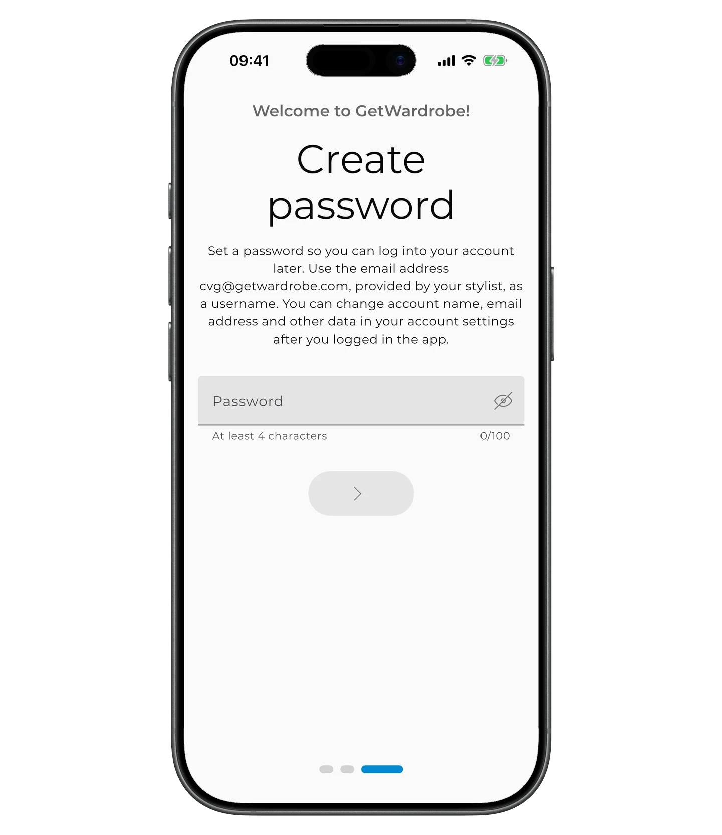 Create password screen — password field (at least 4 characters)