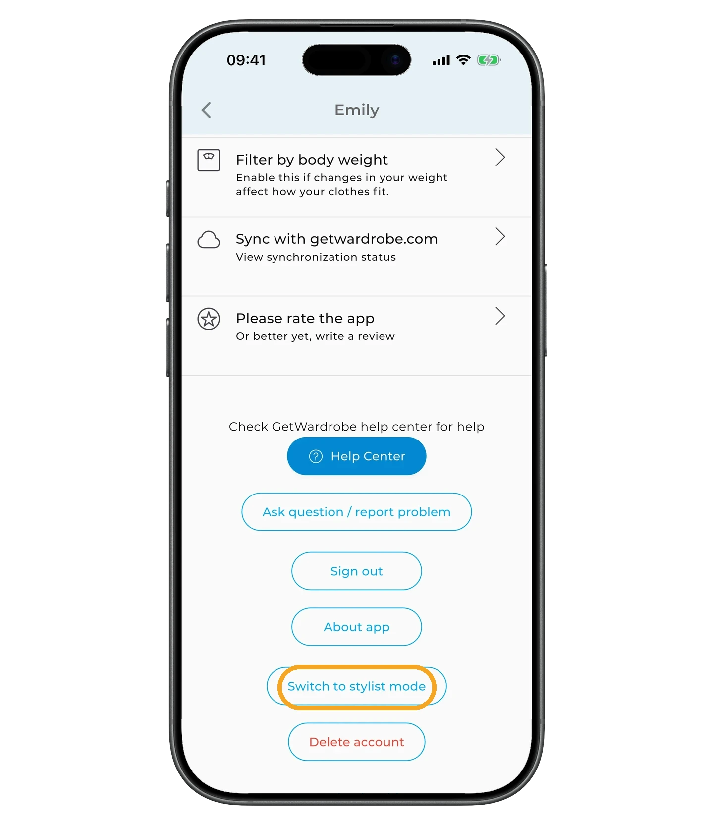 Settings menu — Switch to Stylist Mode