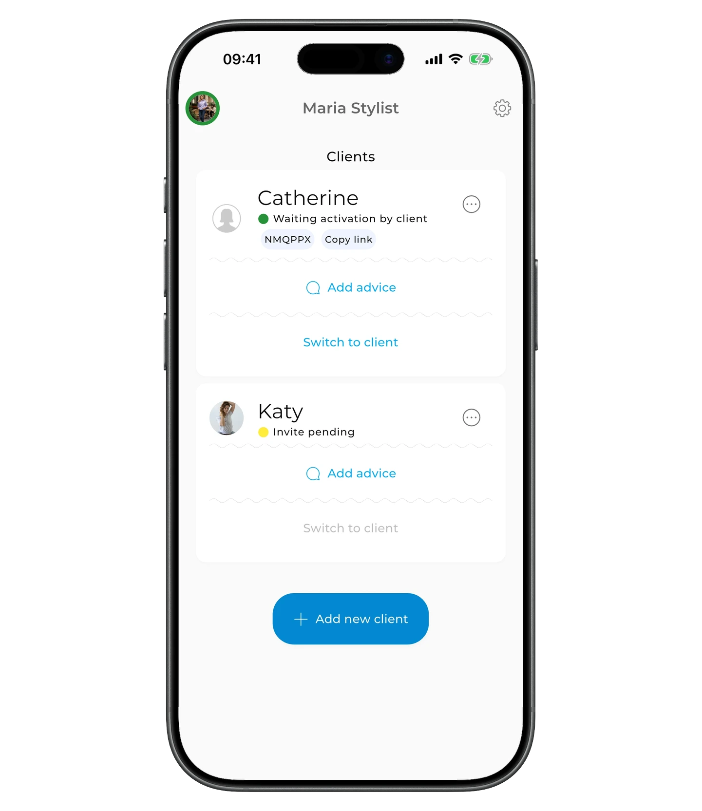 Client card — activation code and Copy button