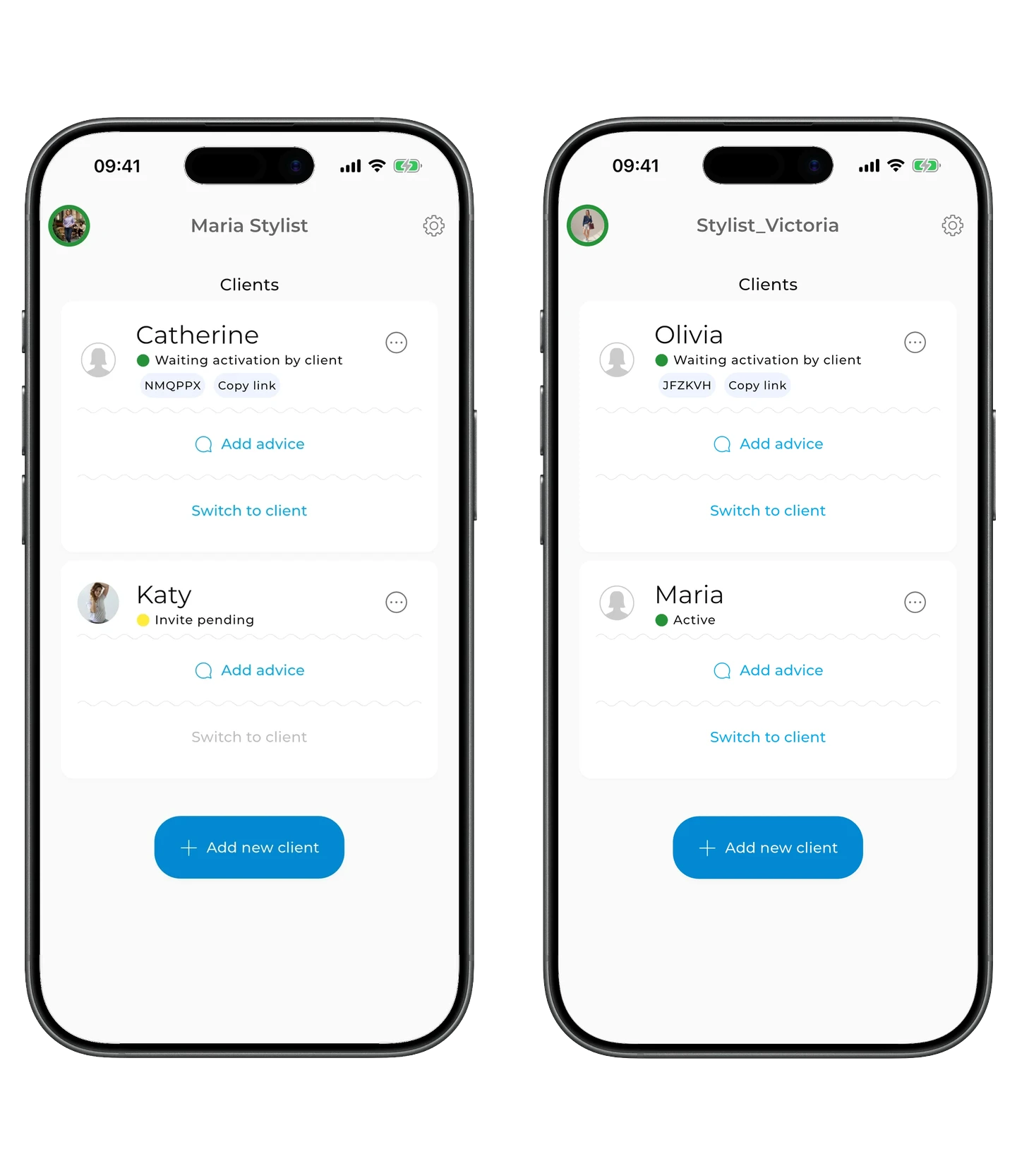 Two client cards: on the left, the "Waiting activation by client" status with an activation code; on the right, the "Active" status