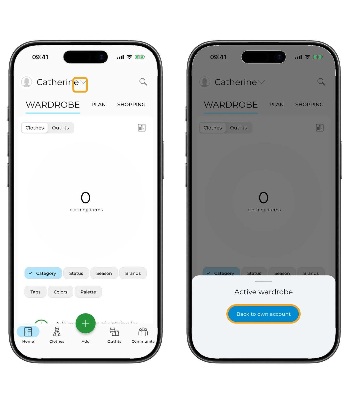 Two screens: the arrow to return and the "Back to own account" button