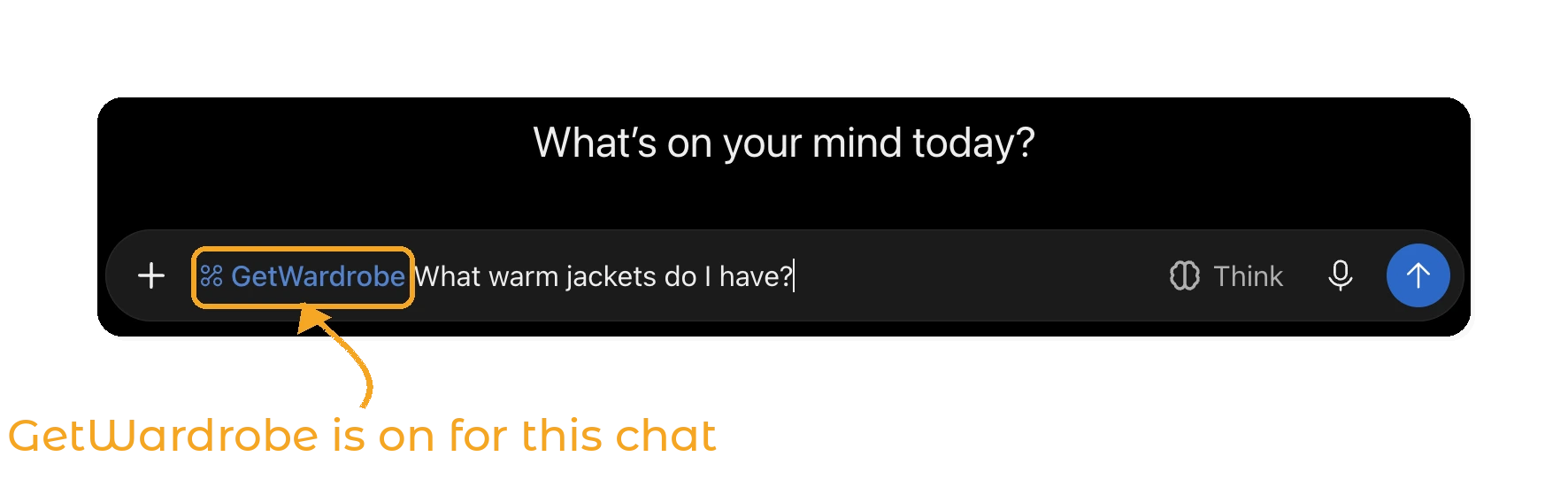 Use GetWardrobe with ChatGPT - GetWardrobe chosen in the chat with a question