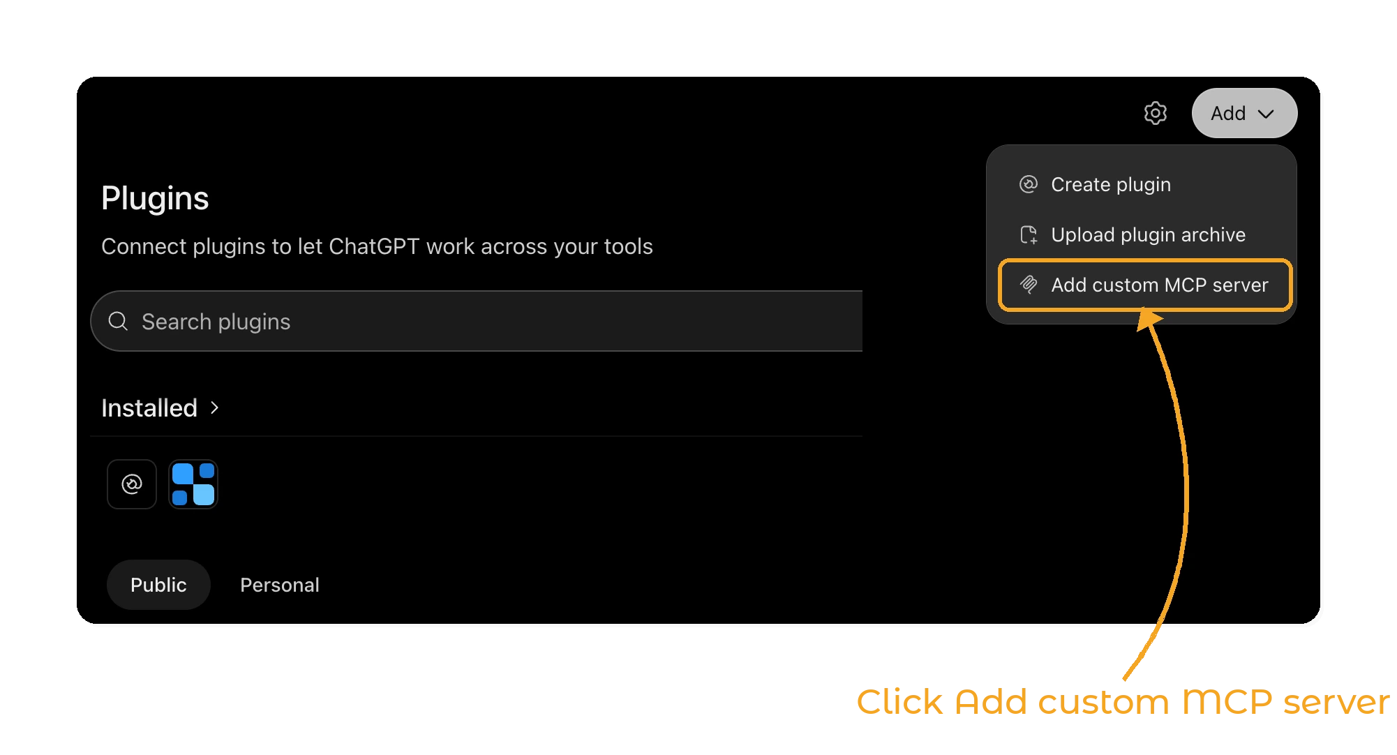 Use GetWardrobe with ChatGPT - step 1: Add > Add custom MCP server on the Plugins page