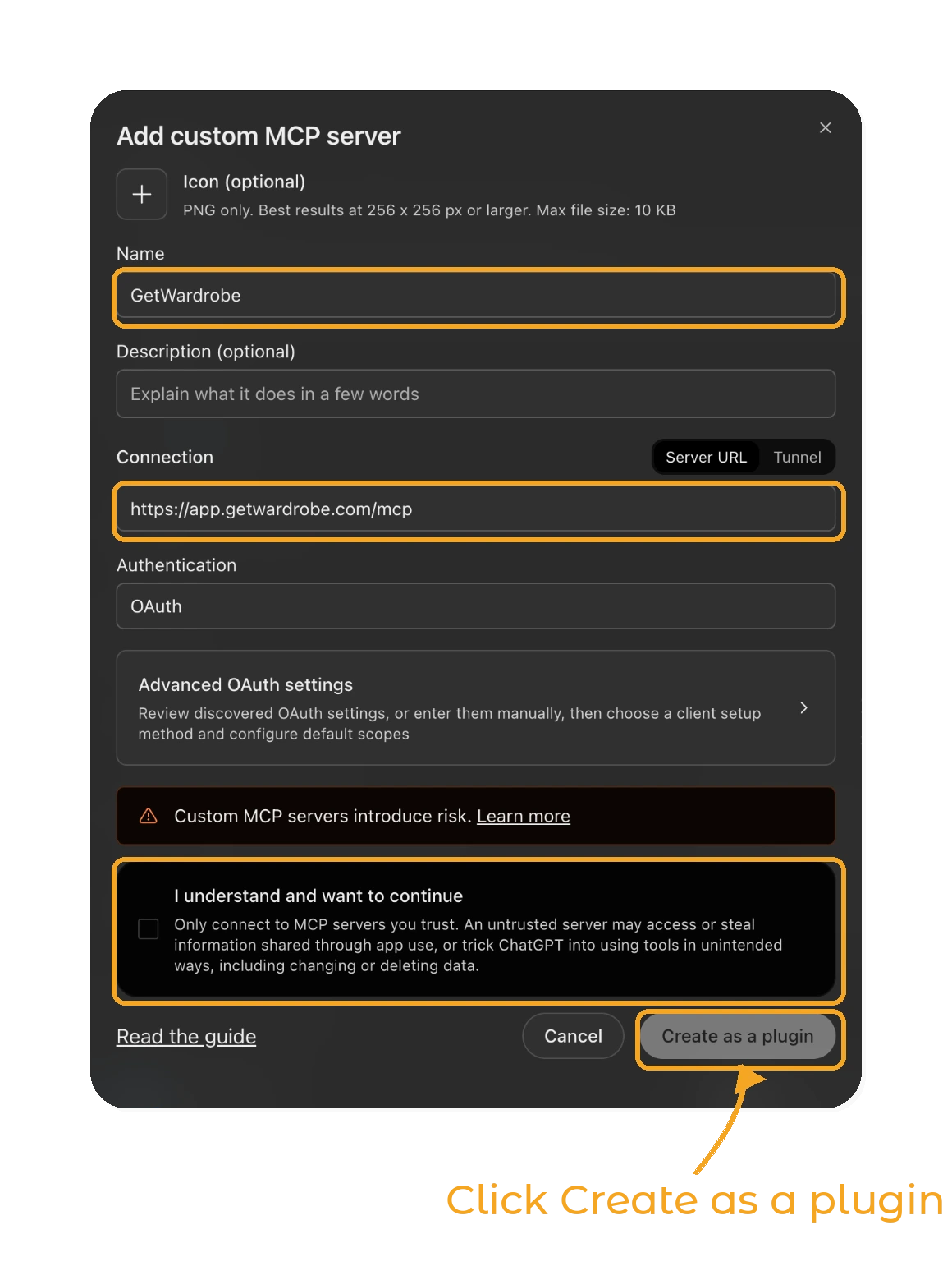 Use GetWardrobe with ChatGPT - step 2: Add custom MCP server dialog with the GetWardrobe URL