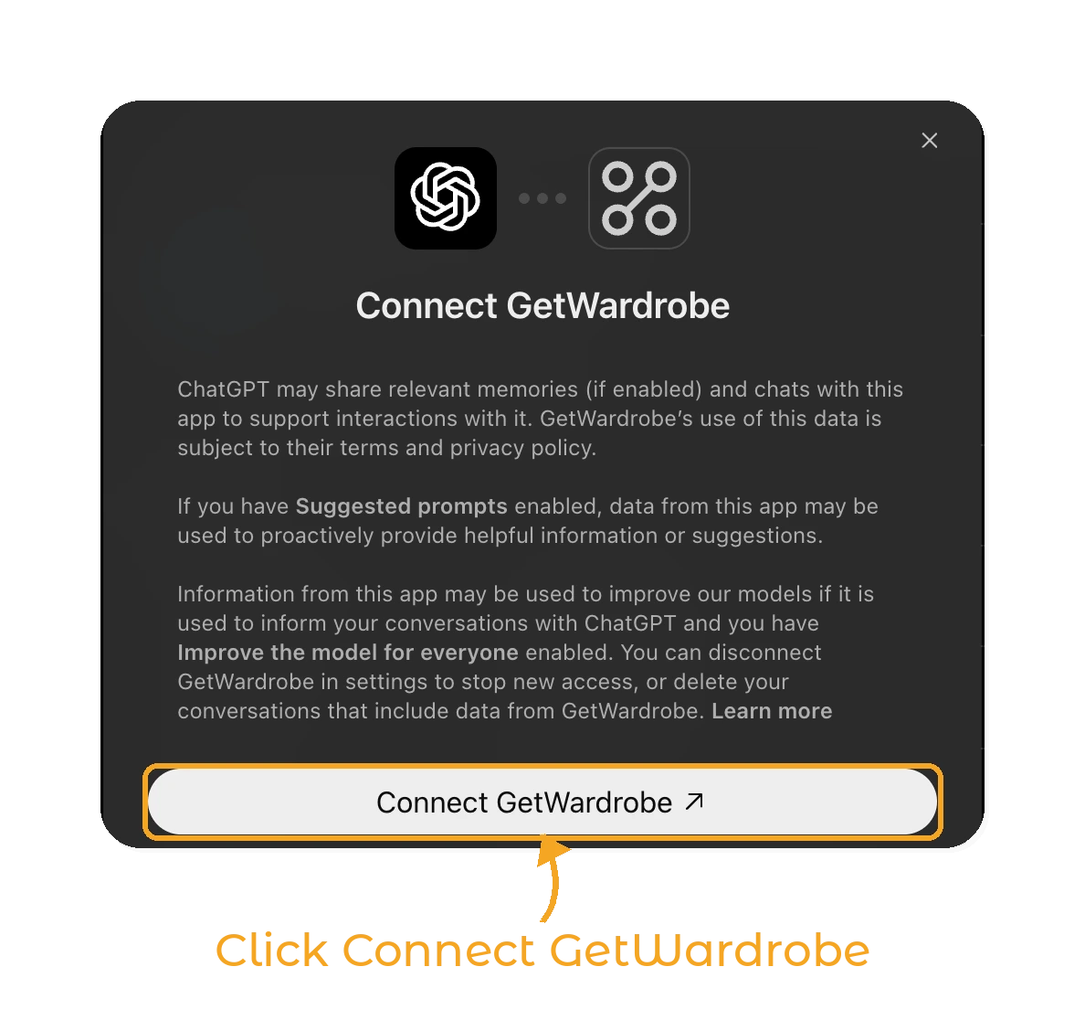 Use GetWardrobe with ChatGPT - step 3: Connect GetWardrobe dialog in ChatGPT