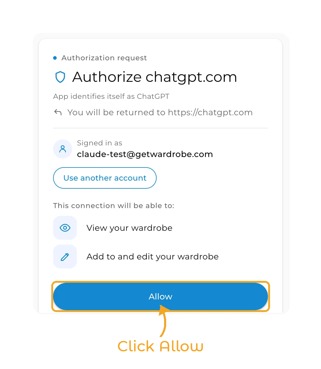 Use GetWardrobe with ChatGPT - step 5: GetWardrobe page asking to authorize chatgpt.com
