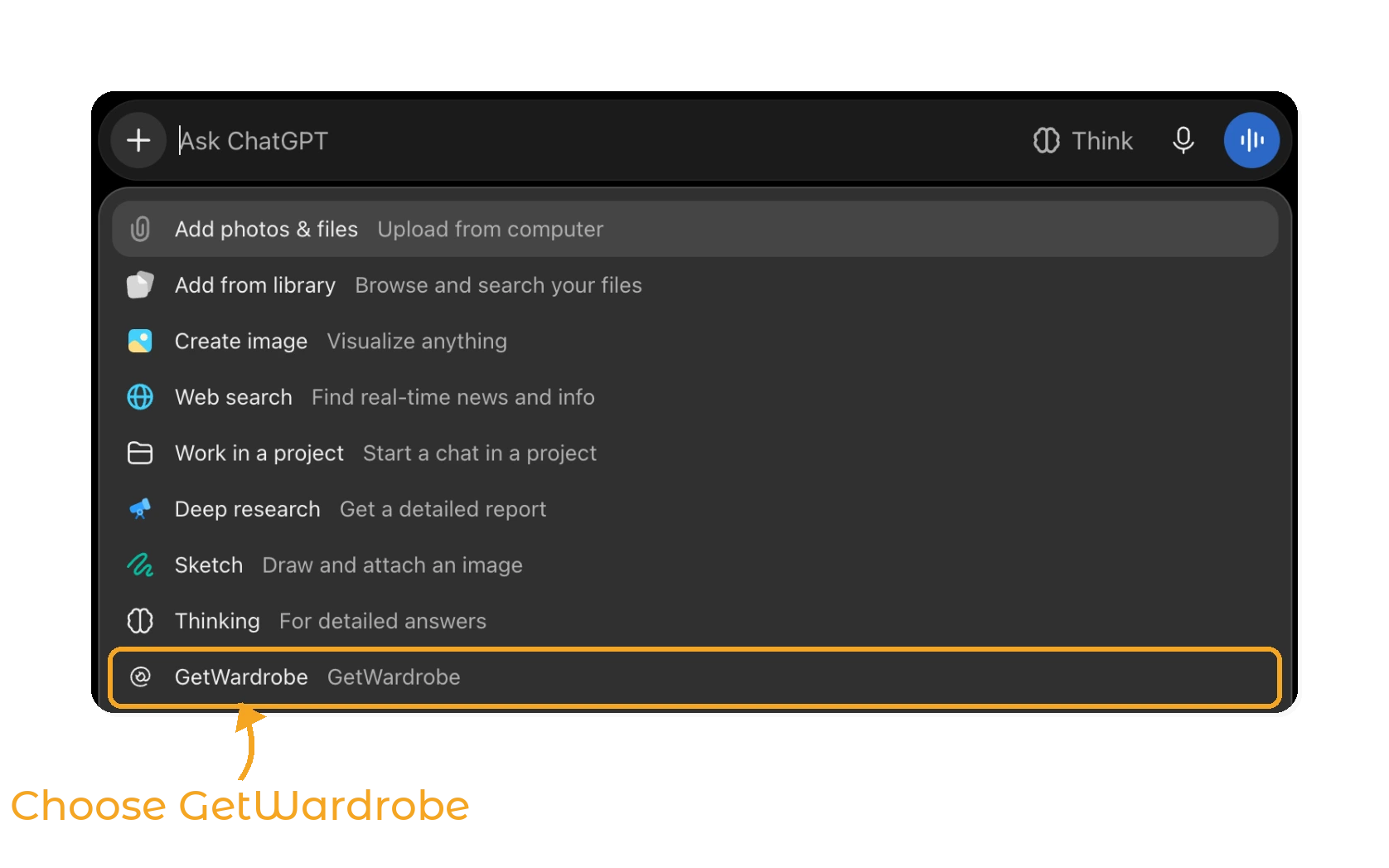 Use GetWardrobe with ChatGPT - step 6: GetWardrobe in the chat + menu
