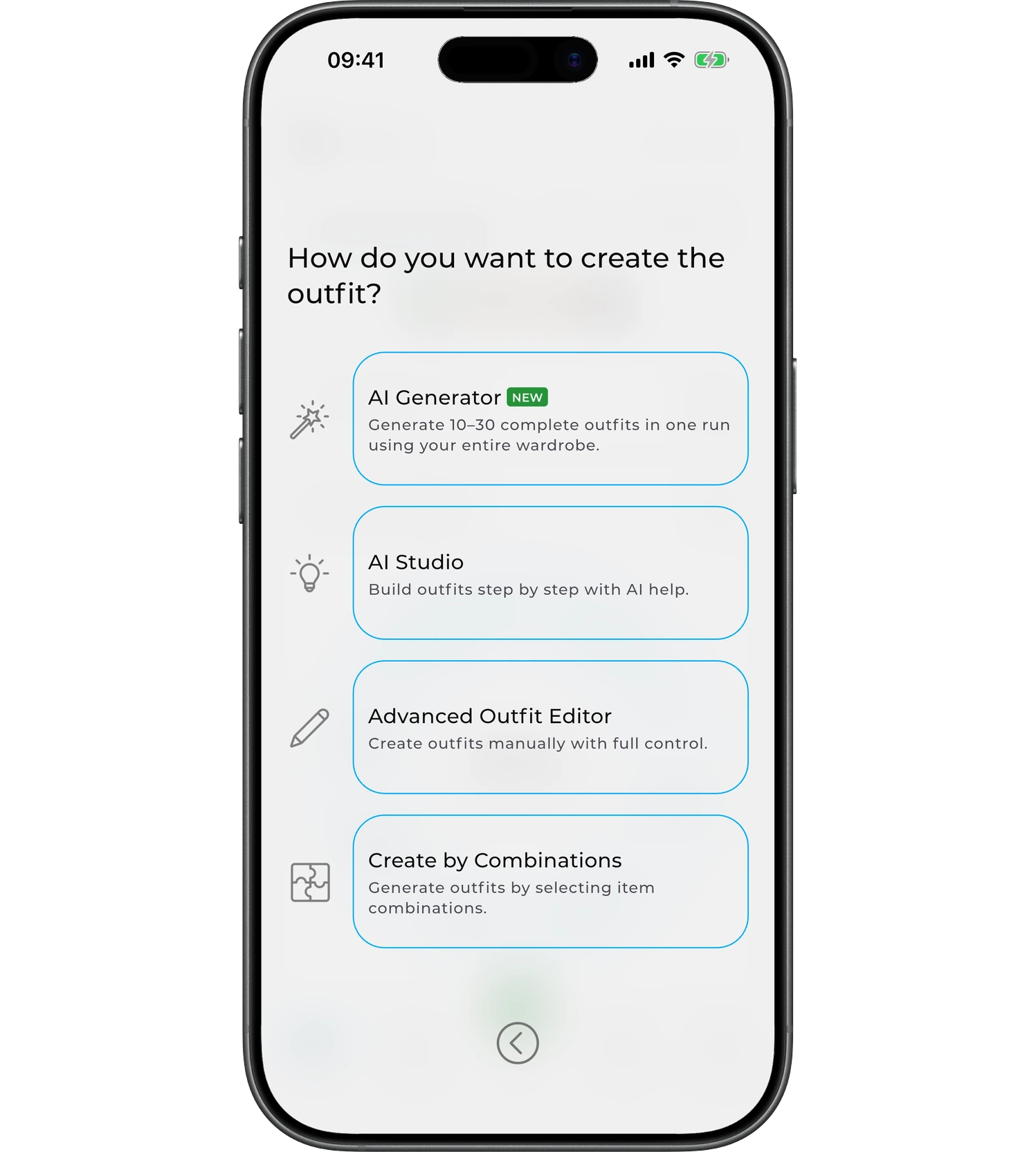 Outfit creation method screen: AI Generator, AI Studio, Outfit Editor