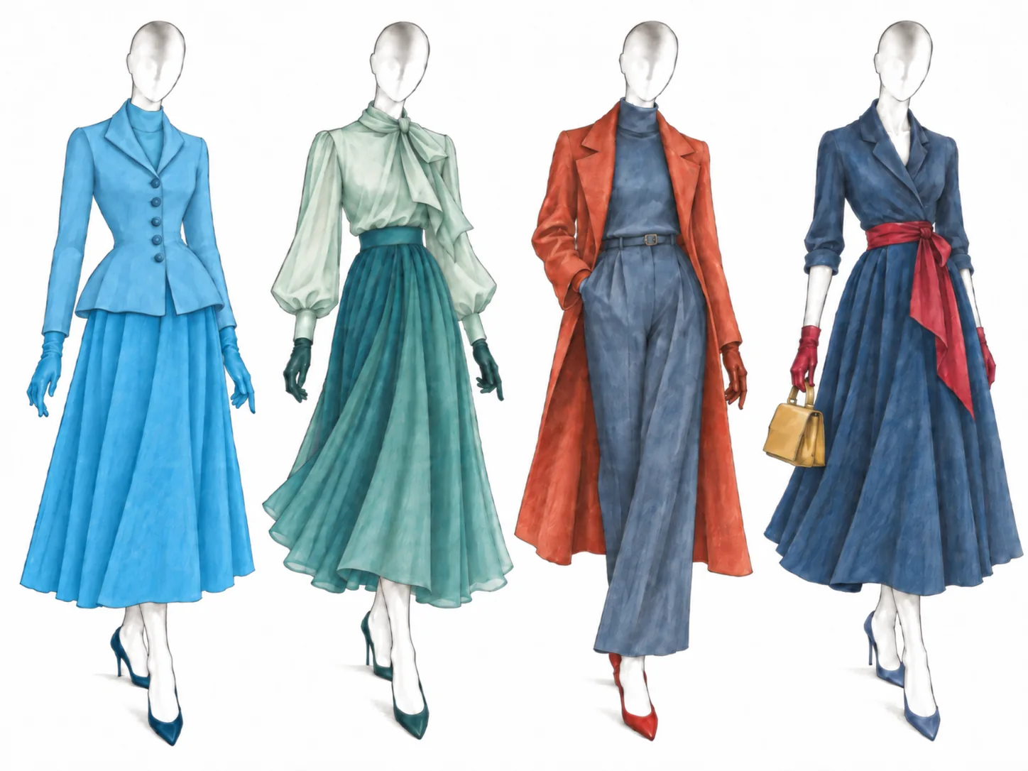 Four outfits built on color-wheel schemes: monochrome, analogous, complementary, and triadic