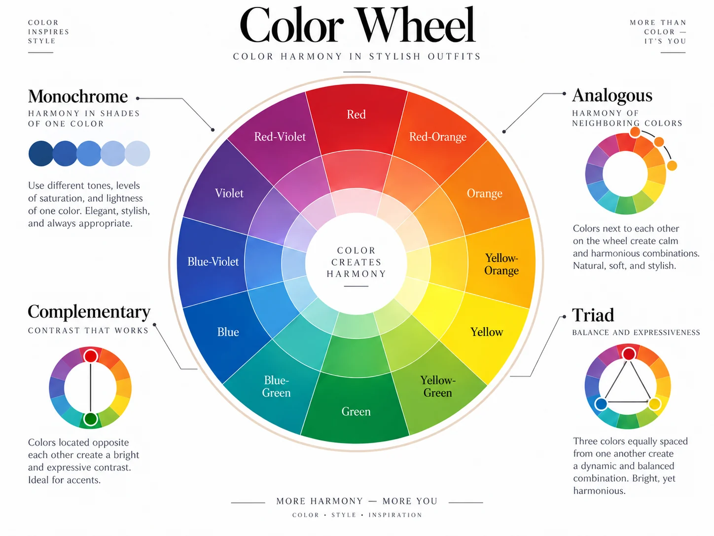 Color wheel: harmony schemes — monochrome, analogous, complementary, and triadic
