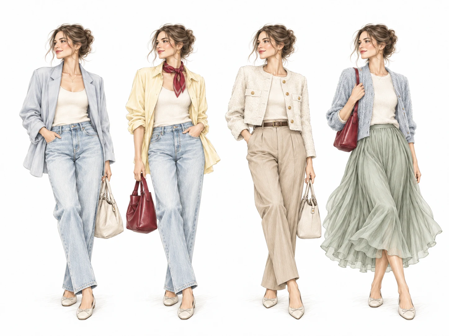 A collage of four outfits built around one base: a white top with jeans, trousers and a skirt in different combinations of layers and accessories