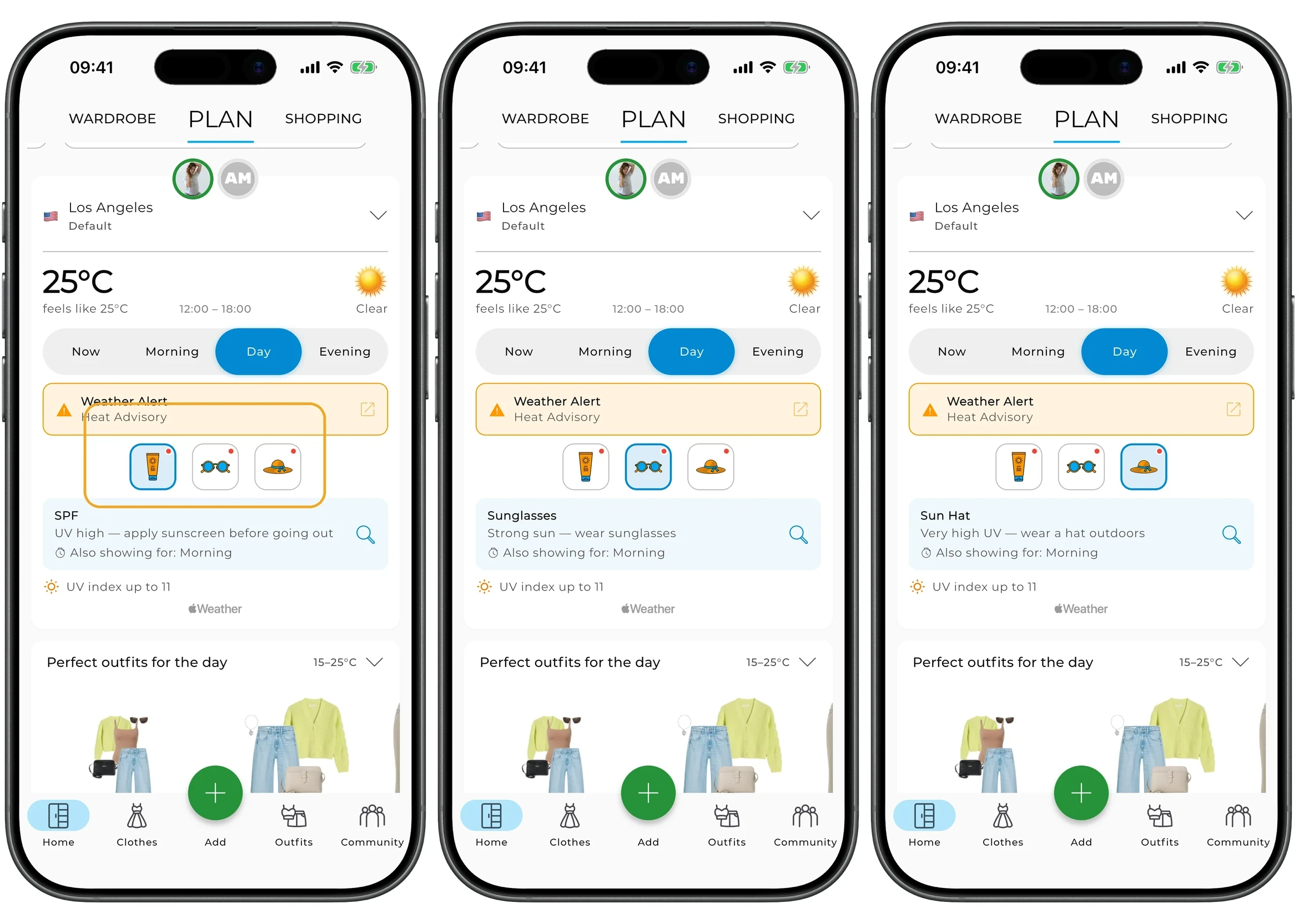 Recommendations with SPF, sunglasses, and sun hat icons active