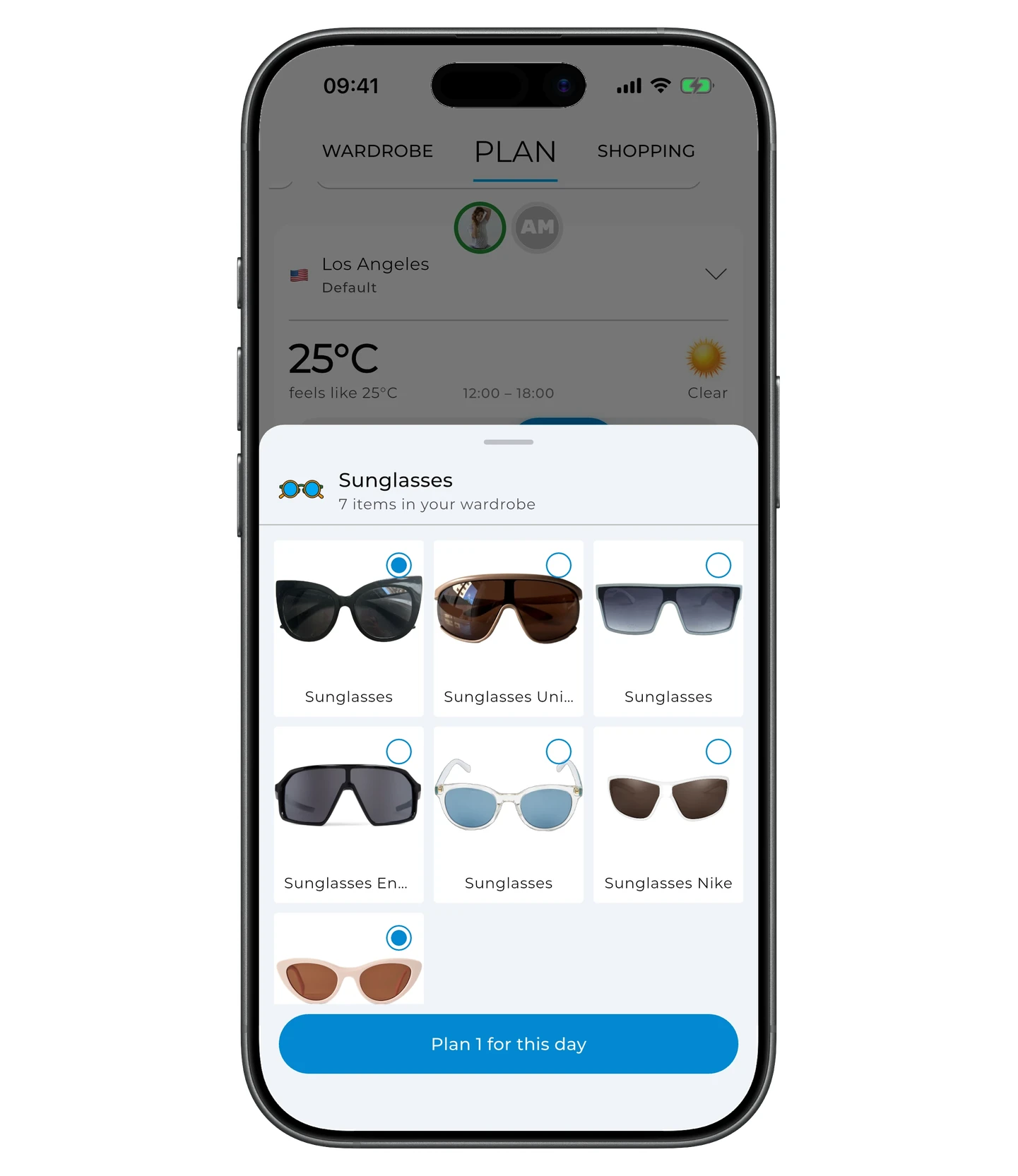 Sunglasses picker with all matching items from the wardrobe and the Plan for this day button