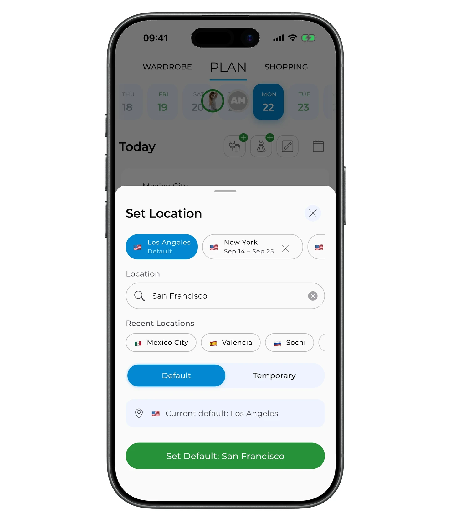 Set Location dialog with city input and the Default toggle