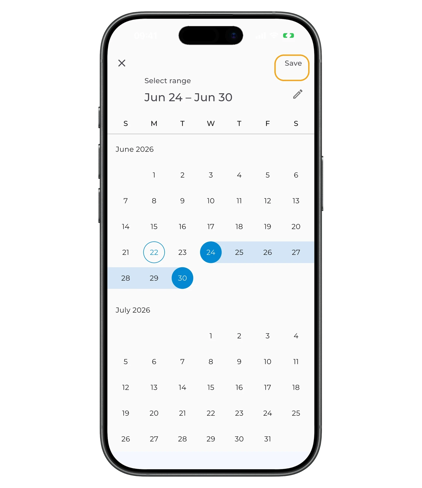 Date range picker with the Save button