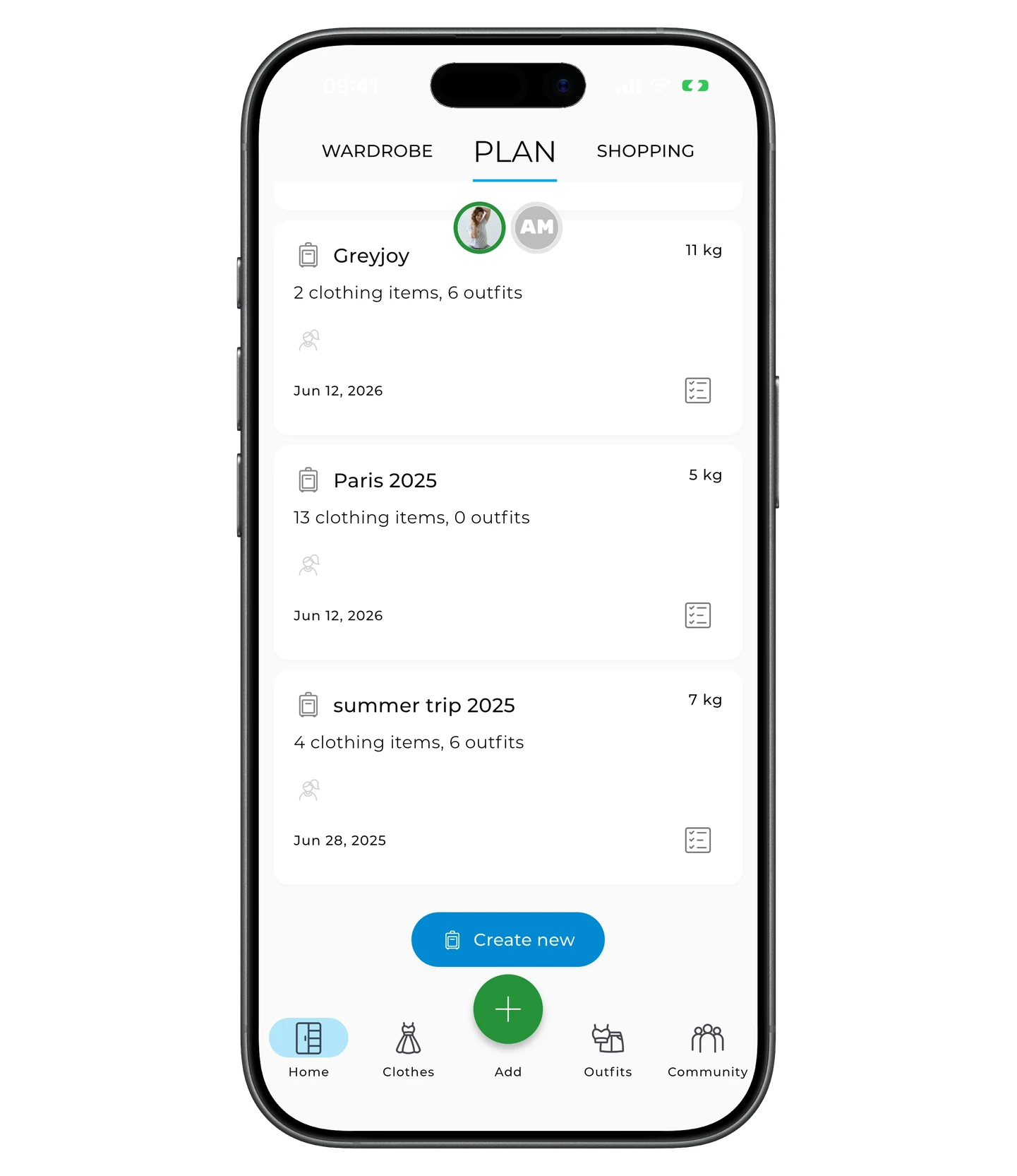 Packing lists with the Create new button at the bottom