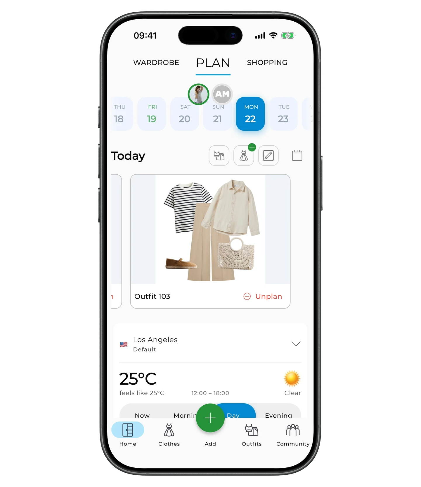 The planned outfit on the selected date