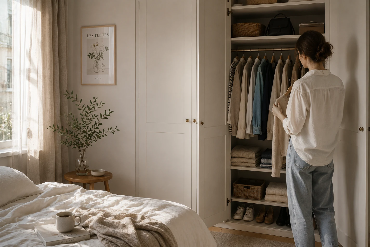 Quiet morning at an open wardrobe — neutral-toned basics arranged on the rail, natural light from the window