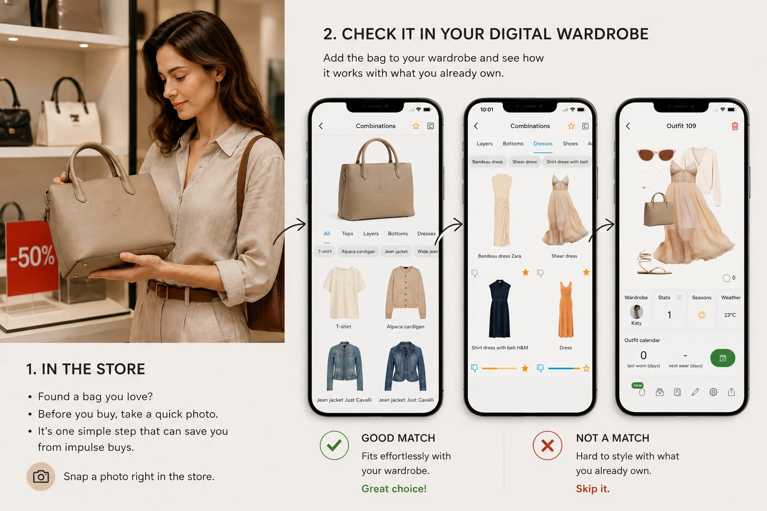 The bag story: in the store, photograph the piece and check it in your digital wardrobe — good match or skip it