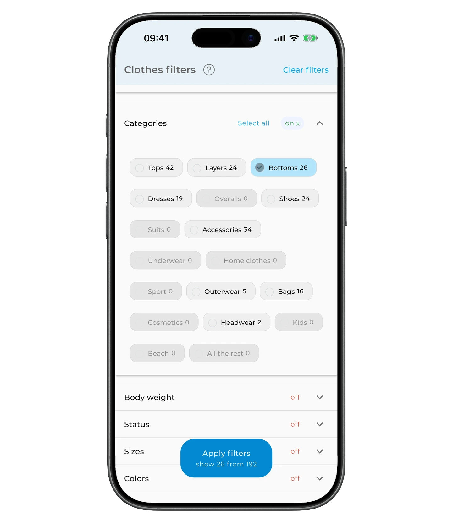 Categories filter expanded with the list of categories