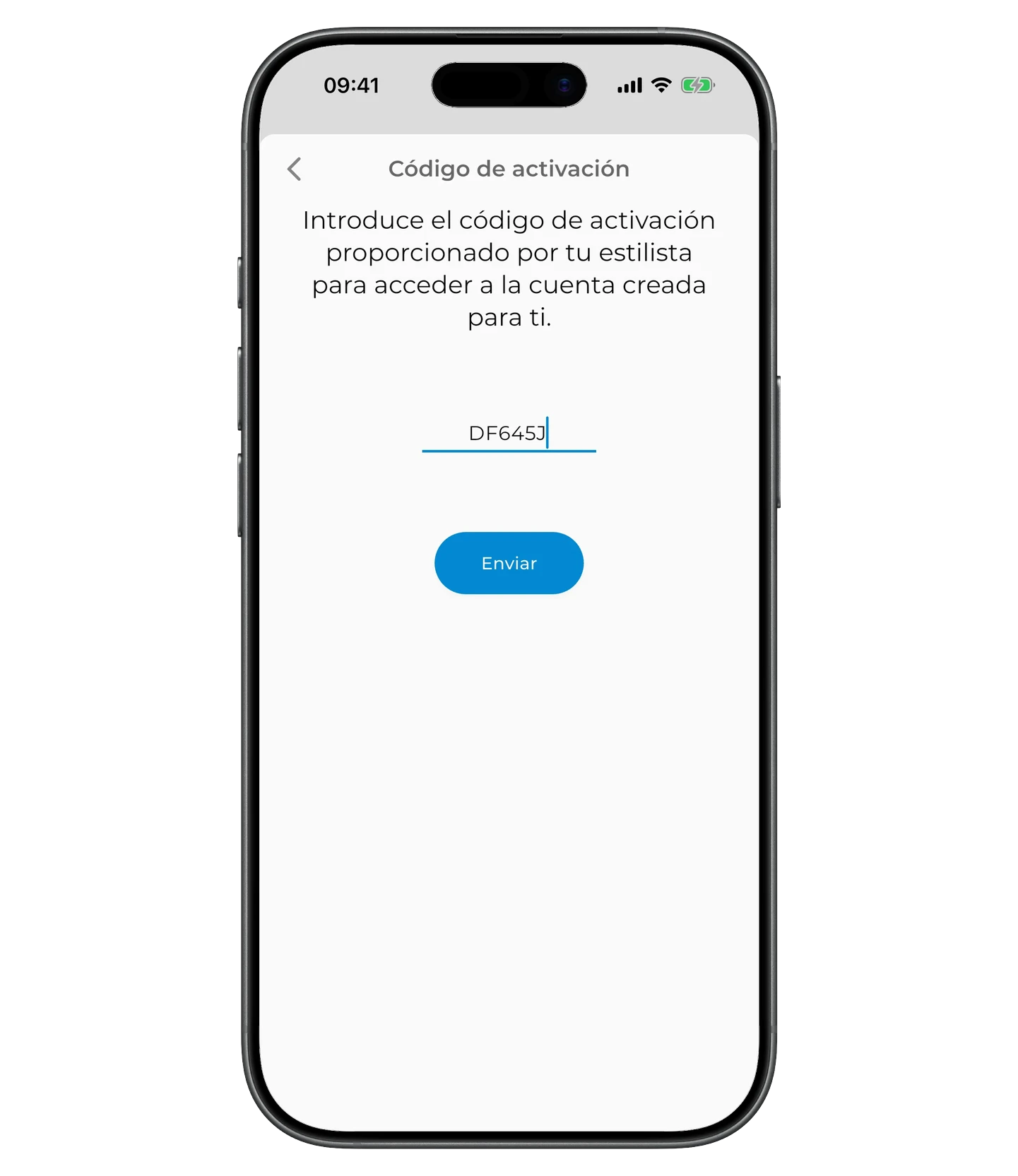 Pantalla «Código de activación» — campo del código y botón Enviar