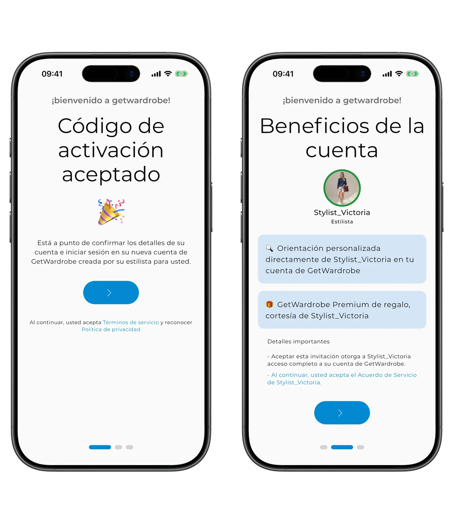 Dos pantallas tras la activación: «Código de activación aceptado» y «Beneficios de la cuenta» con tu estilista