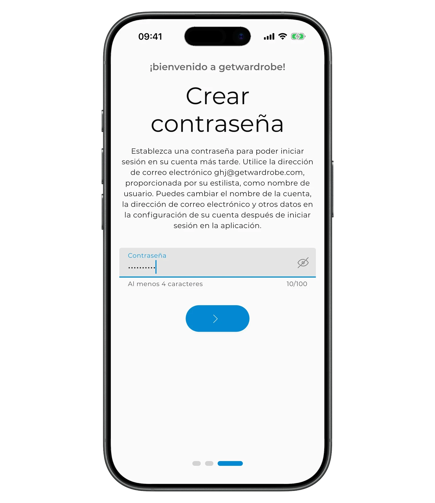Pantalla «Crear contraseña» — campo de contraseña (mínimo 4 caracteres)