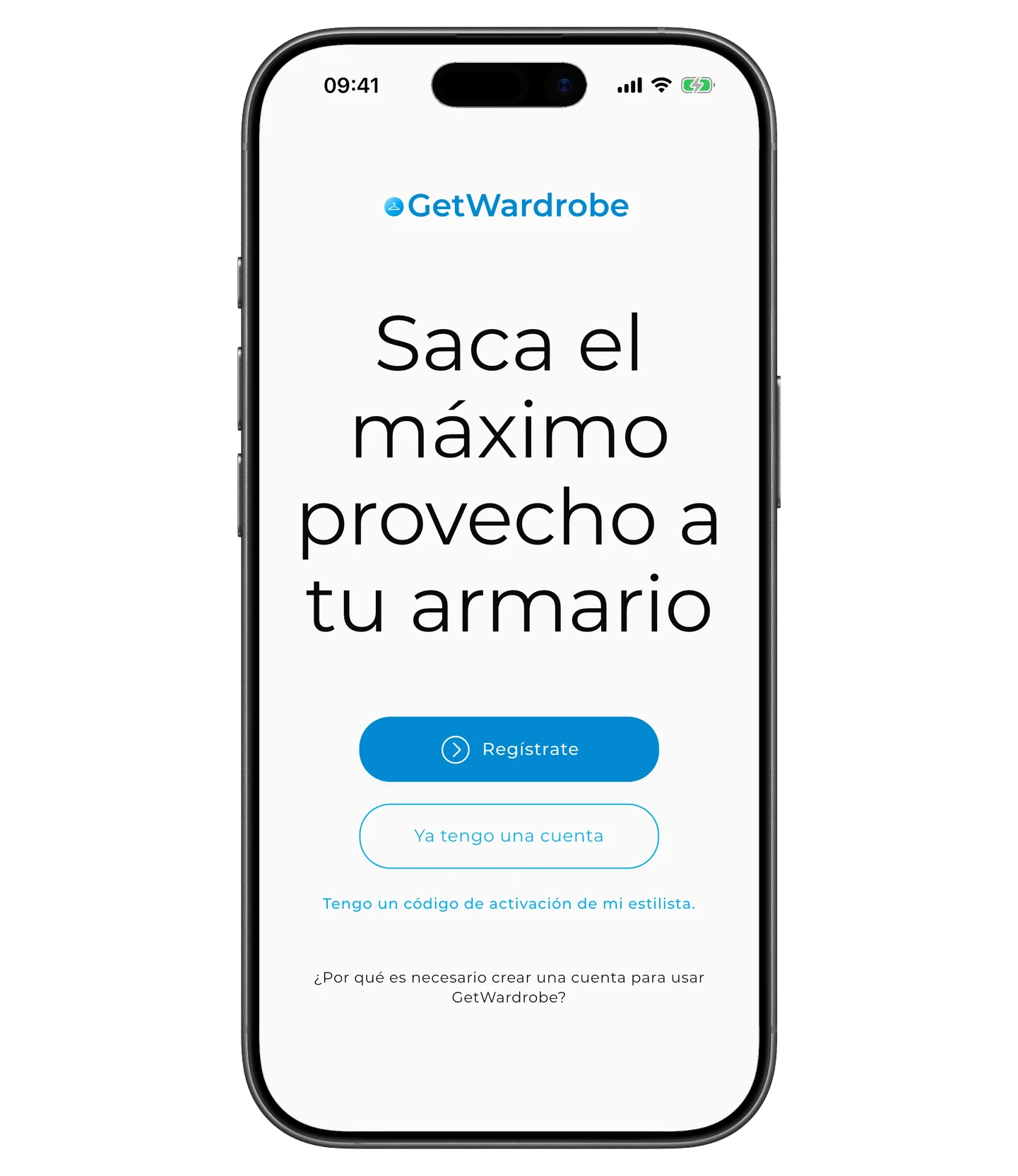 Pantalla de bienvenida con el enlace «Tengo un código de activación de mi estilista»