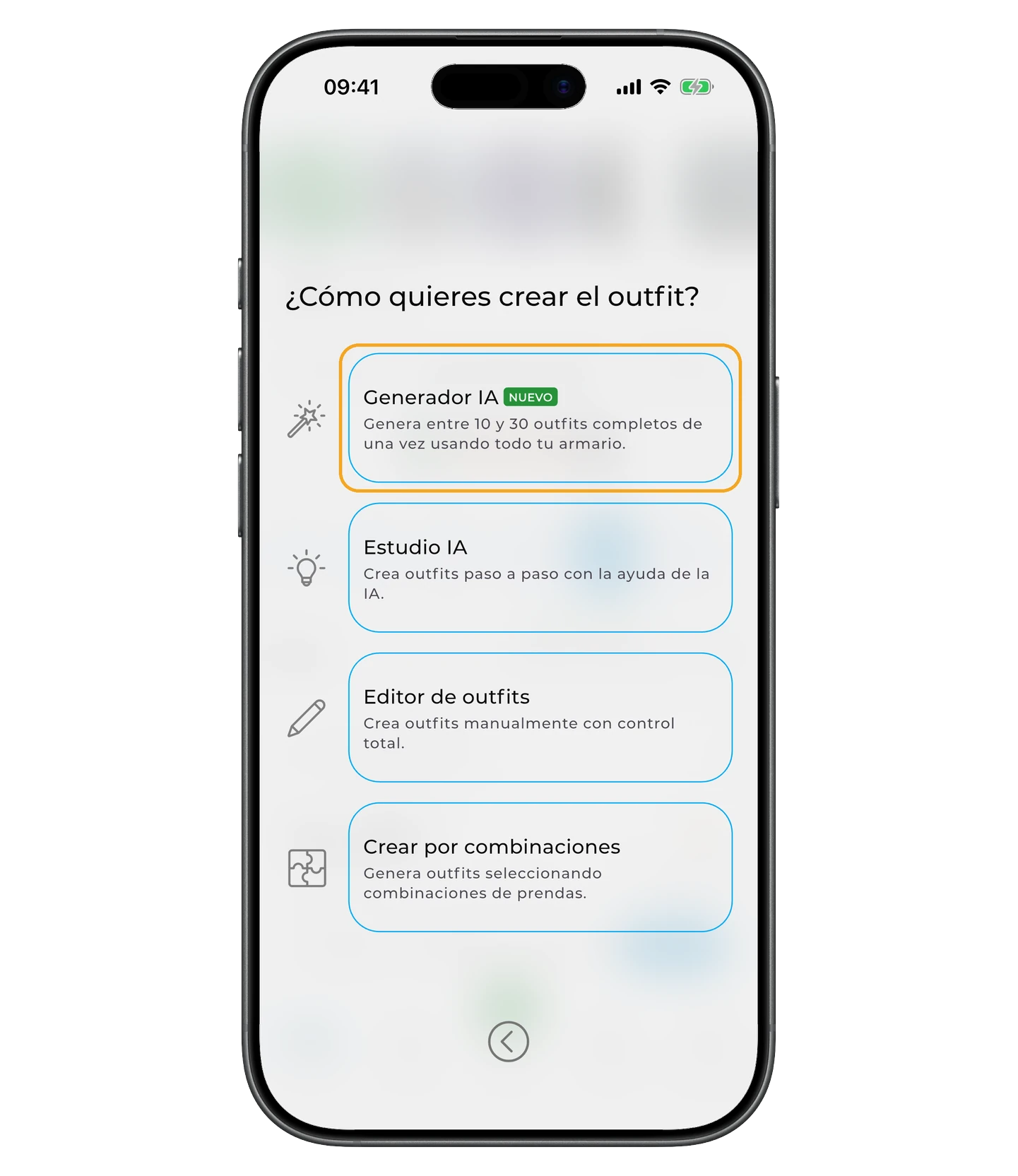 En la pantalla principal, toca + → Outfit → Generador IA