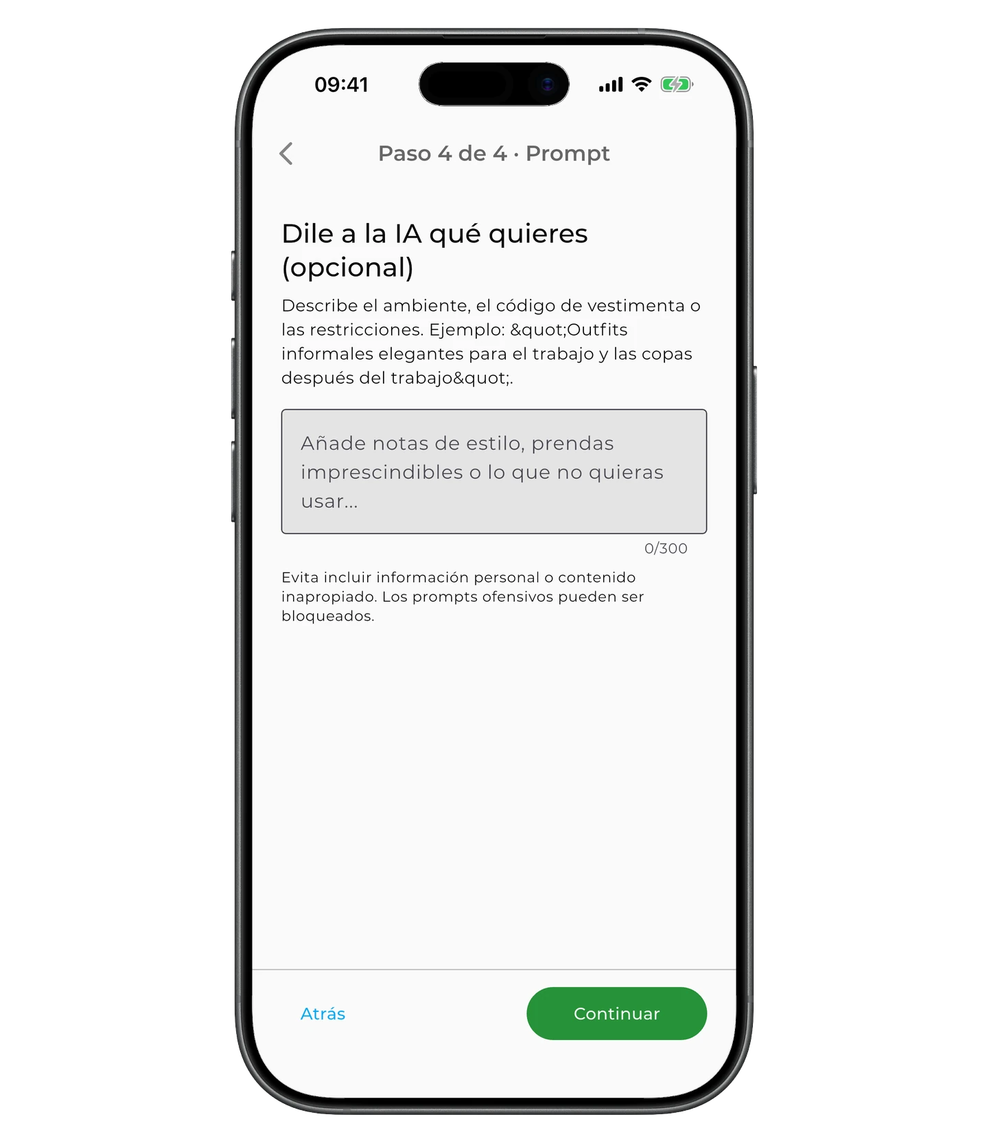 Campo de texto para describir el estilo del outfit con tus palabras
