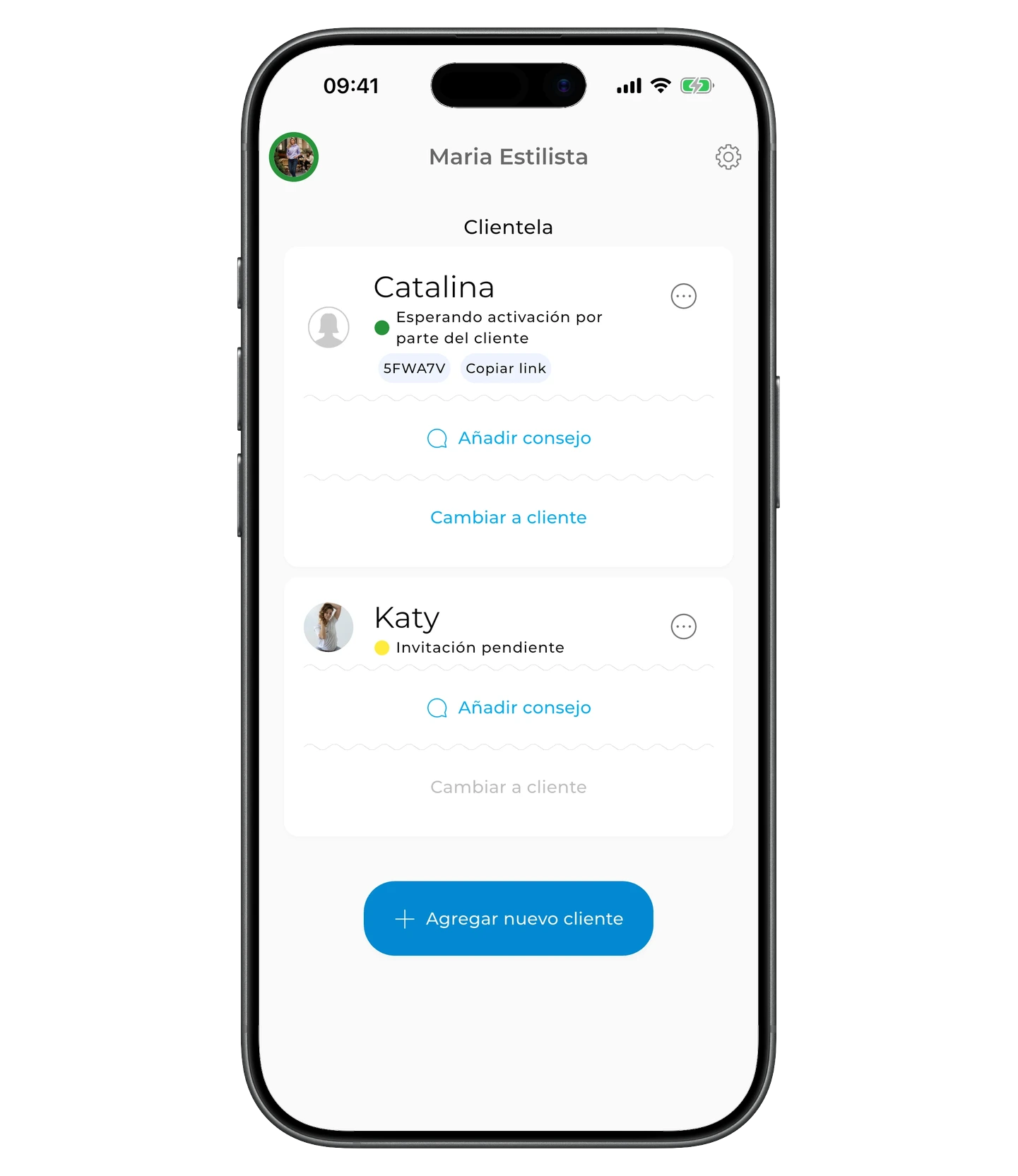 Tarjeta del cliente — código de activación y botón Copiar