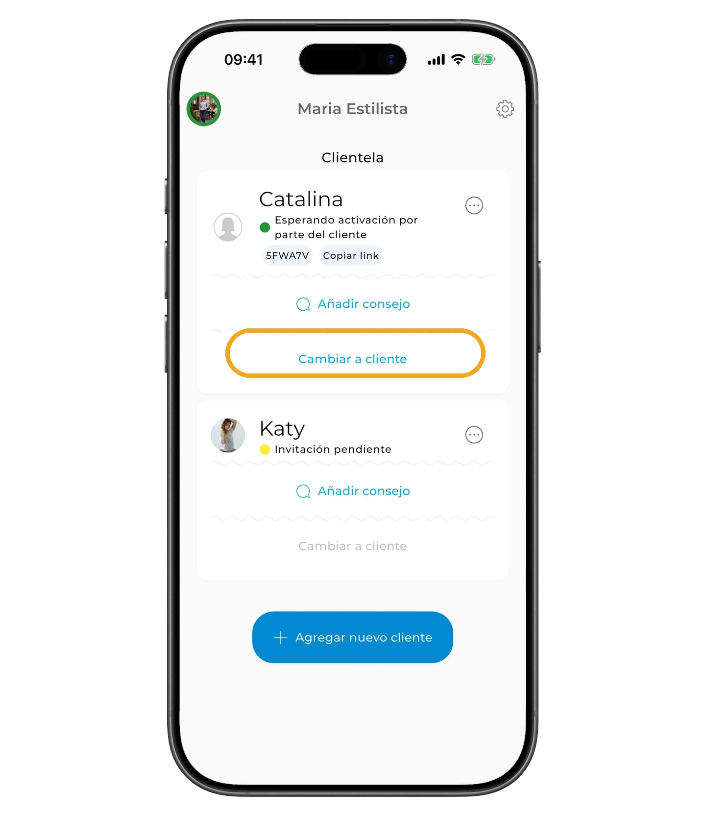 Tarjeta del cliente — botón Cambiar a cliente