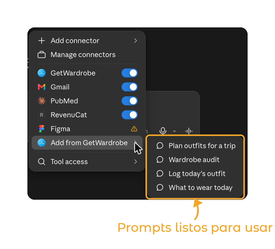Usa GetWardrobe con Claude - prompts listos para usar de GetWardrobe en el menú +
