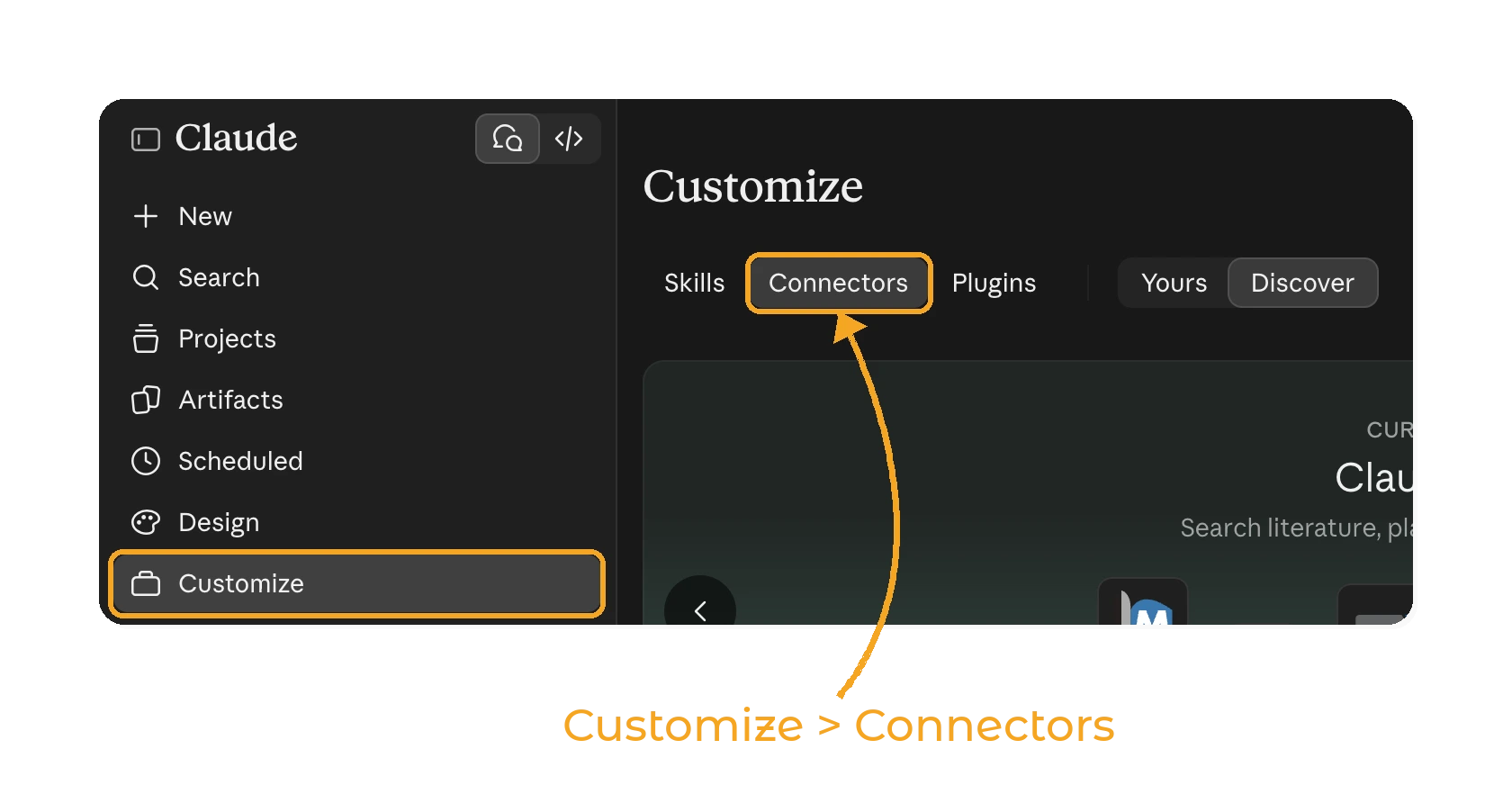 Usa GetWardrobe con Claude - paso 1: Customize > Connectors en Claude