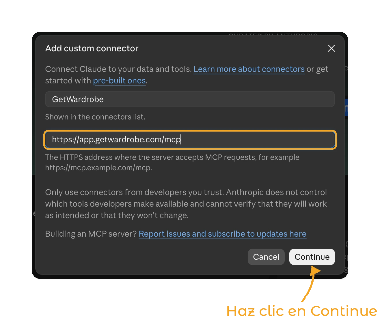 Usa GetWardrobe con Claude - paso 2: ventana Add custom connector con la URL de GetWardrobe