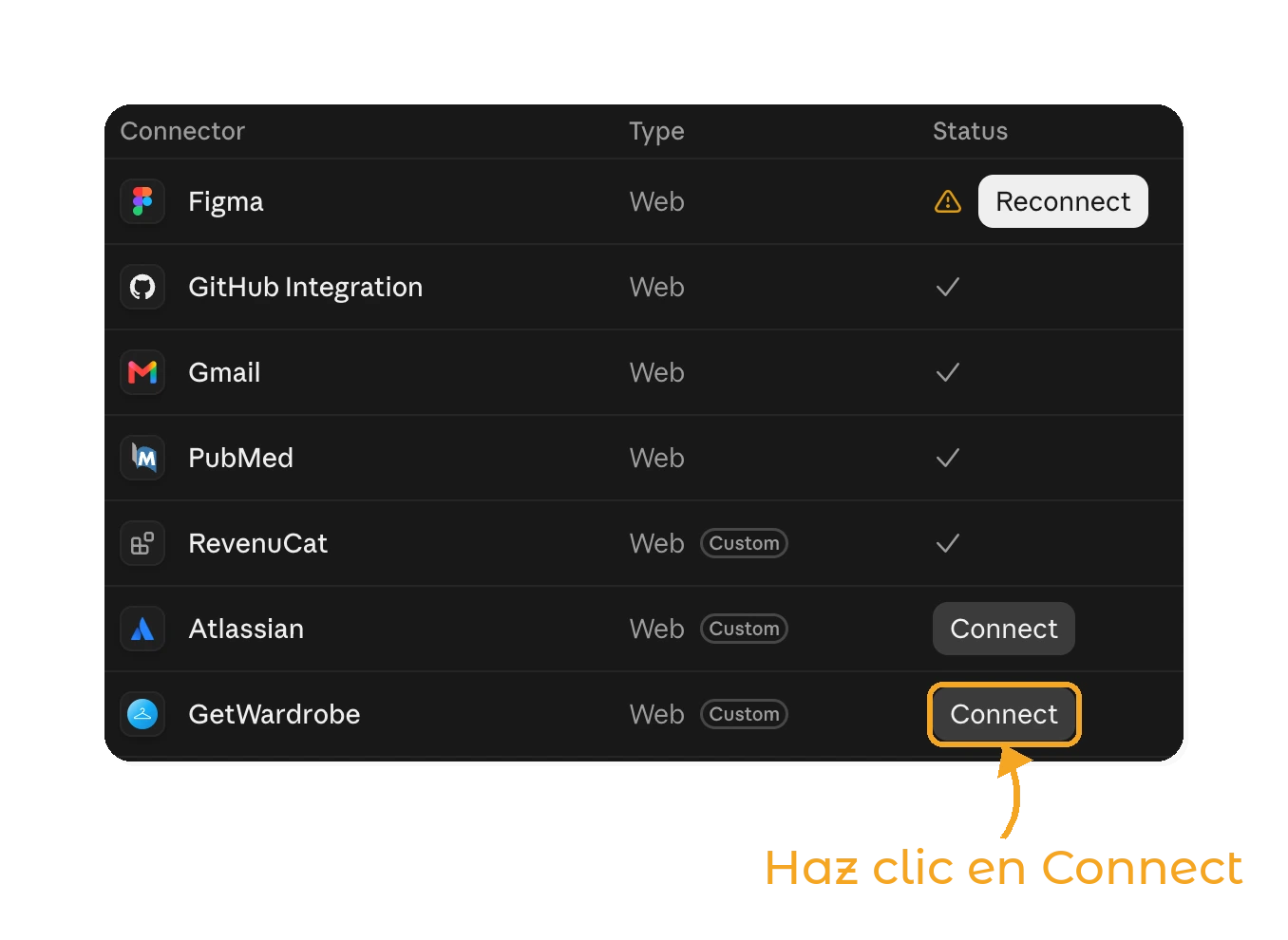 Usa GetWardrobe con Claude - paso 3: botón Connect junto a GetWardrobe