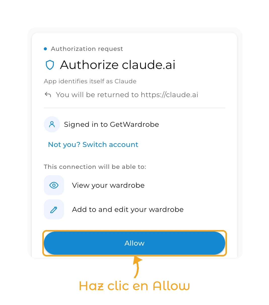 Usa GetWardrobe con Claude - paso 5: página de GetWardrobe que pide autorizar a claude.ai