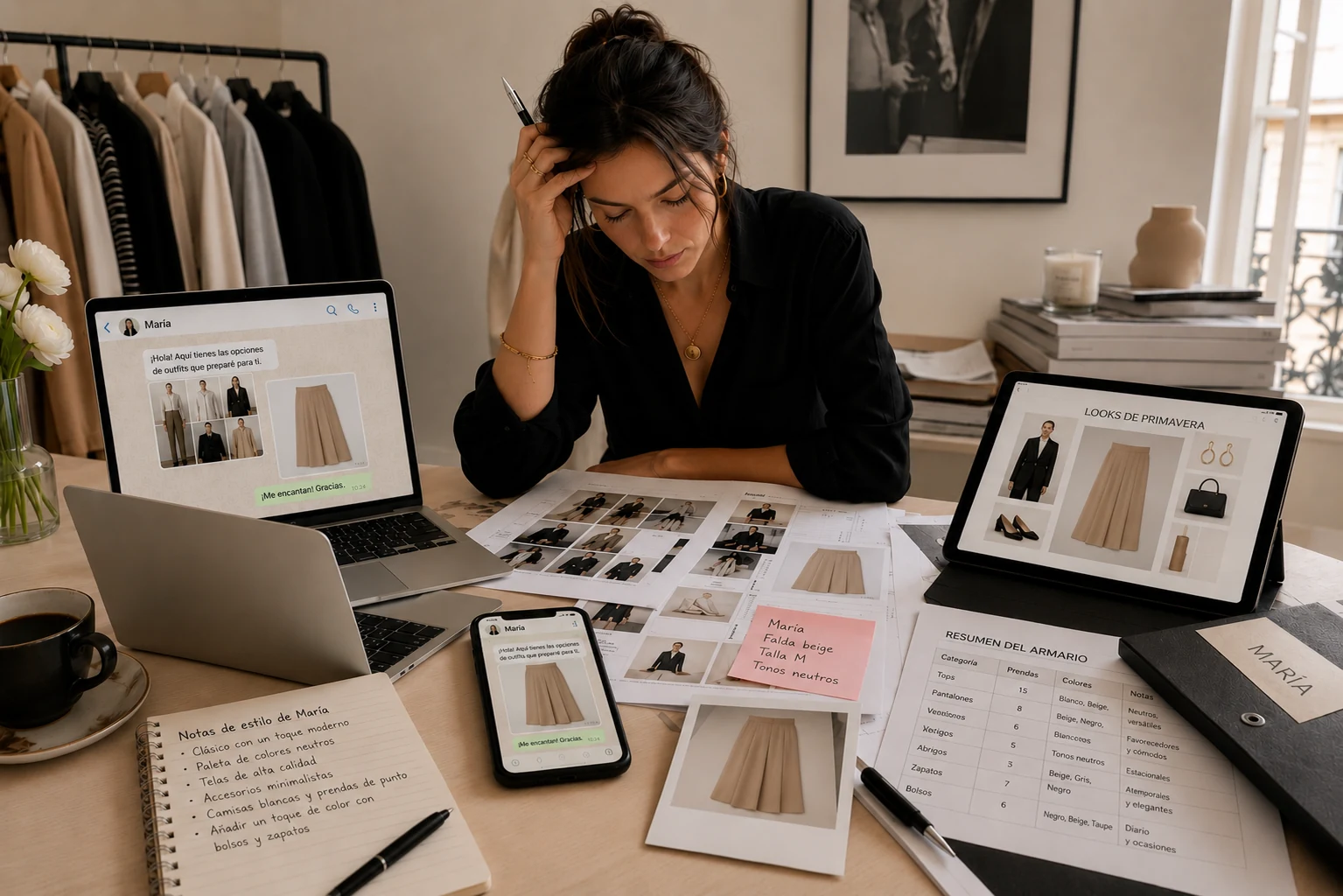 Escritorio de una estilista: portátil con WhatsApp, tableta con un lookbook, teléfono, notas, impresiones. El armario del cliente repartido entre herramientas.