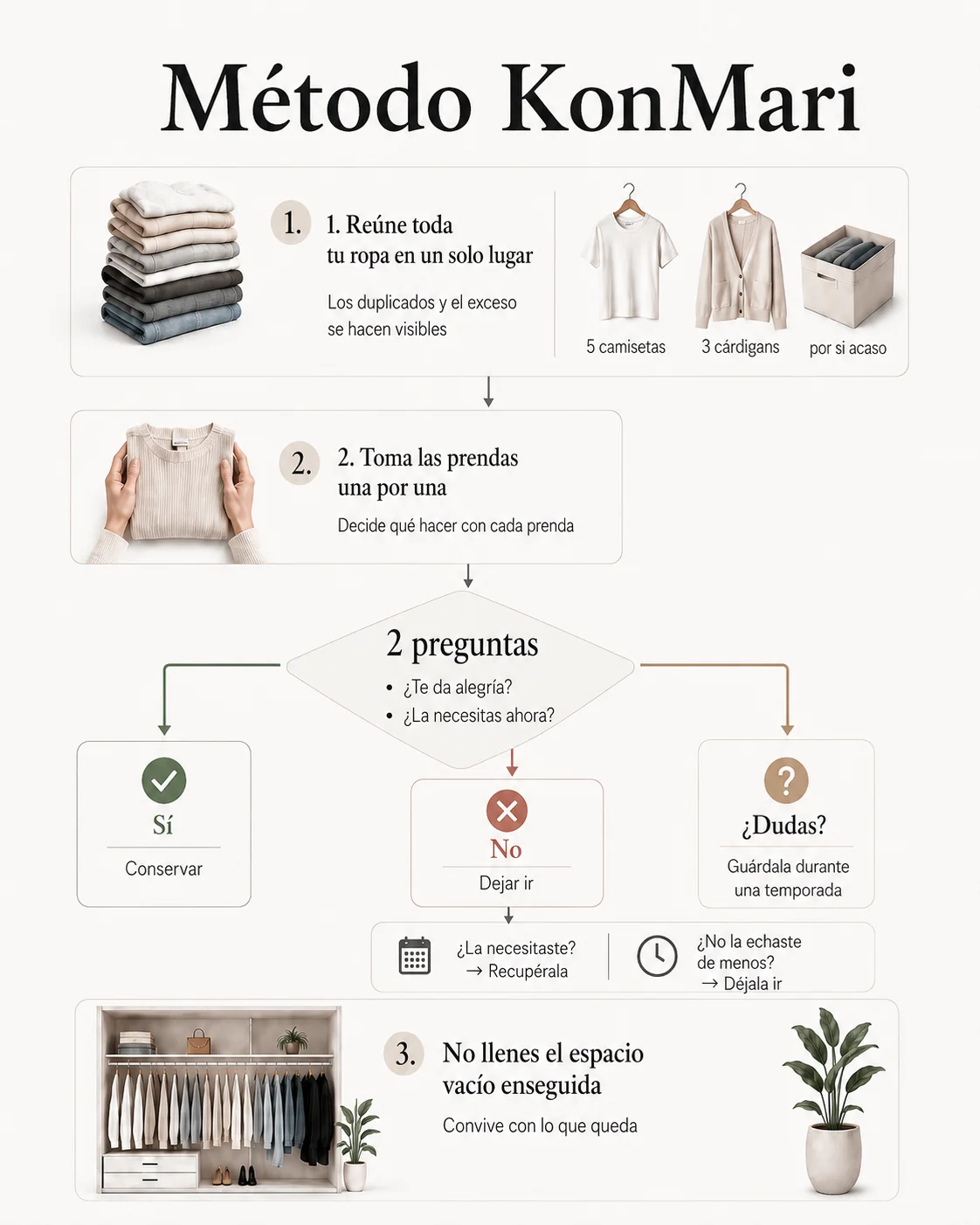 Infografía del método KonMari: reúne toda la ropa en un mismo sitio, coge las prendas una por una, hazte dos preguntas —¿te da alegría? y ¿la necesitas ahora?— y conserva, deja ir o guarda durante una temporada; no llenes el espacio vacío enseguida