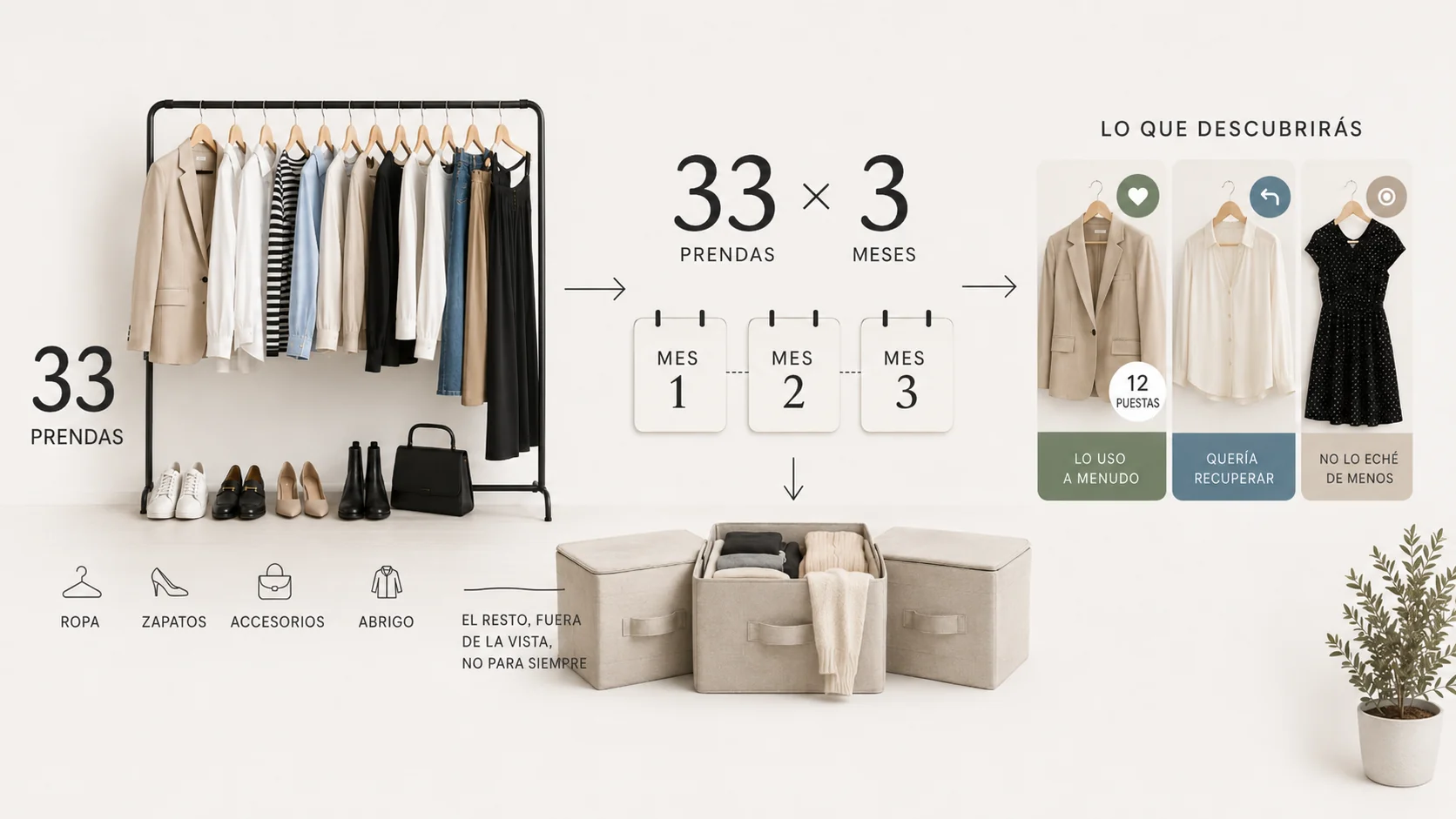 Infografía del Proyecto 333: 33 prendas (ropa, zapatos, accesorios y abrigo) durante 3 meses; lo que usas a menudo lo conservas, lo que querías recuperar lo recuperas, lo que no echaste de menos lo dejas ir; el resto, fuera de la vista, no para siempre