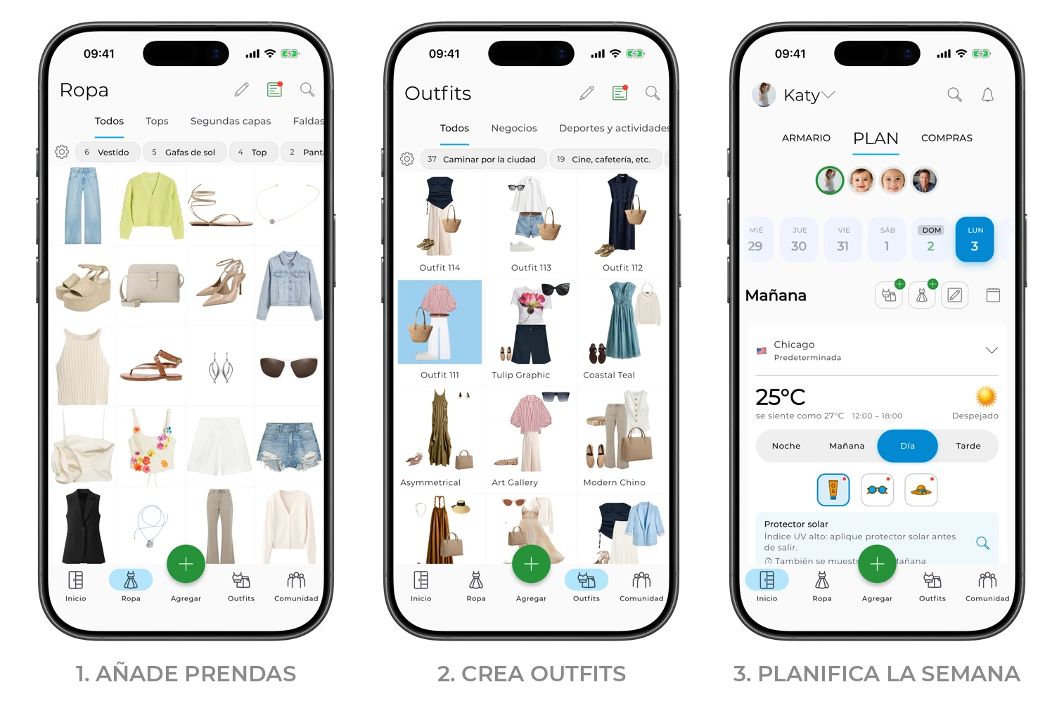 Tres pasos en GetWardrobe: añade tus prendas, crea outfits con ellas y planifica tu semana