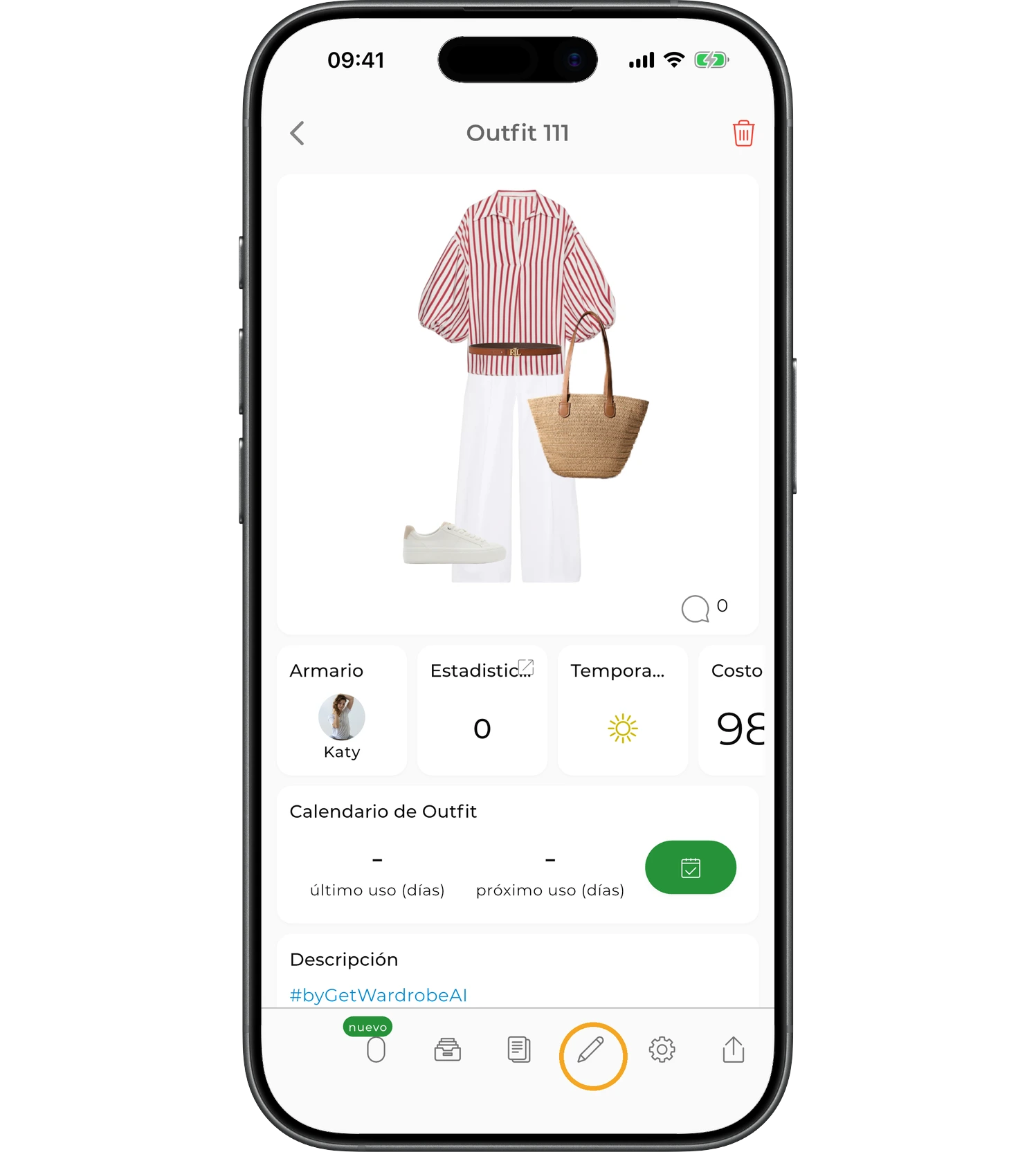 Pantalla del outfit con el icono de lápiz que abre el editor