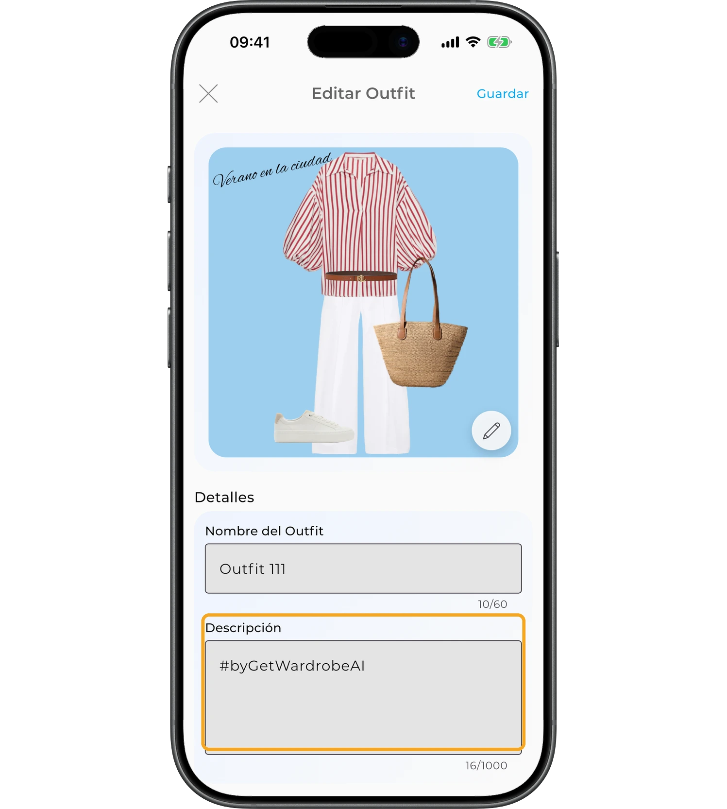 Campo de descripción del outfit con hashtags