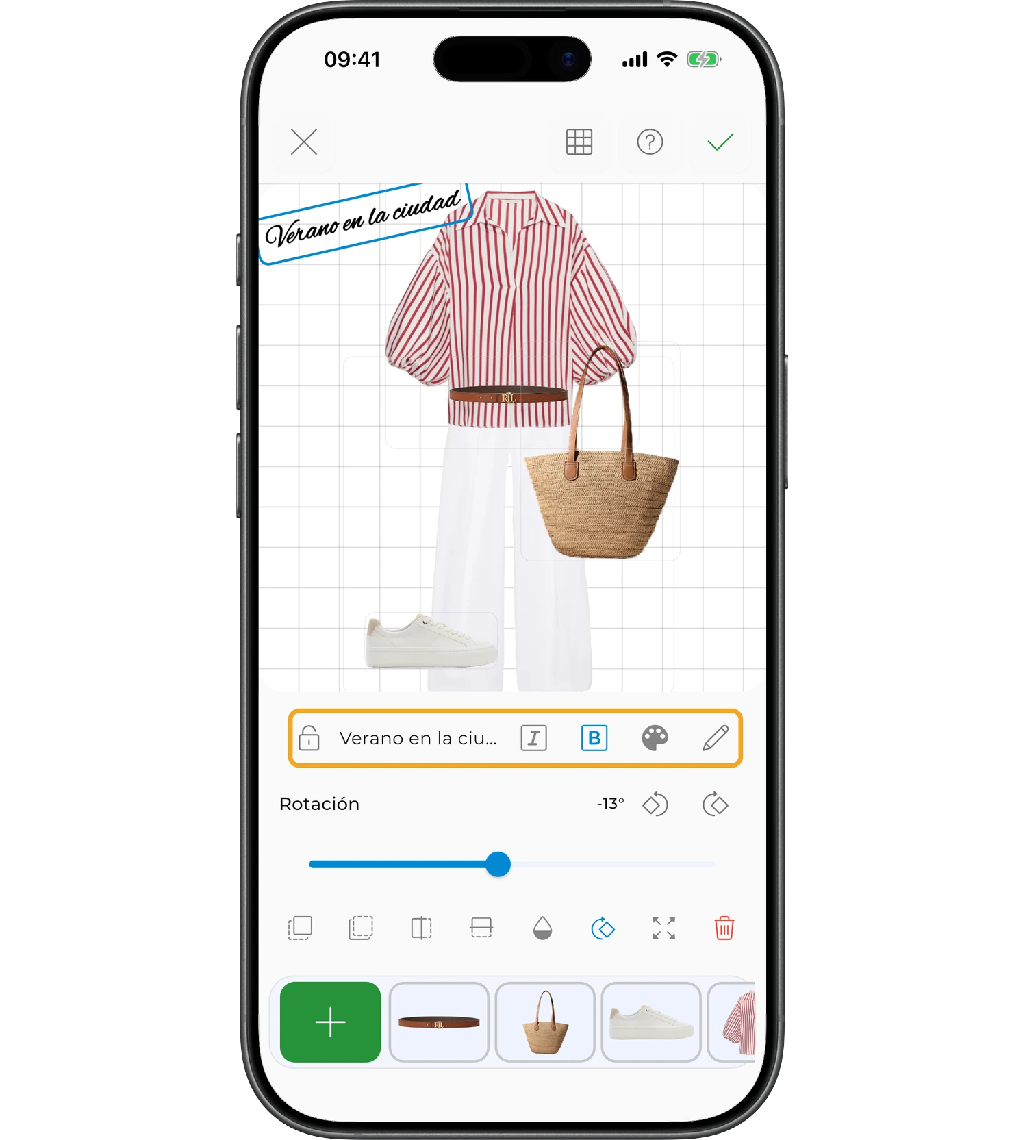 Opciones de estilo del texto añadido al outfit