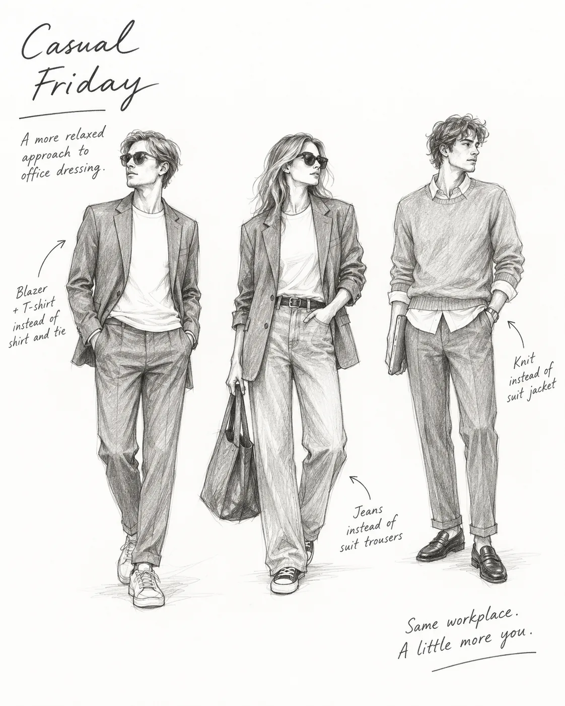 Tres outfits de casual Friday: una americana con camiseta, un blazer holgado con vaqueros y un jersey en lugar de la americana del traje