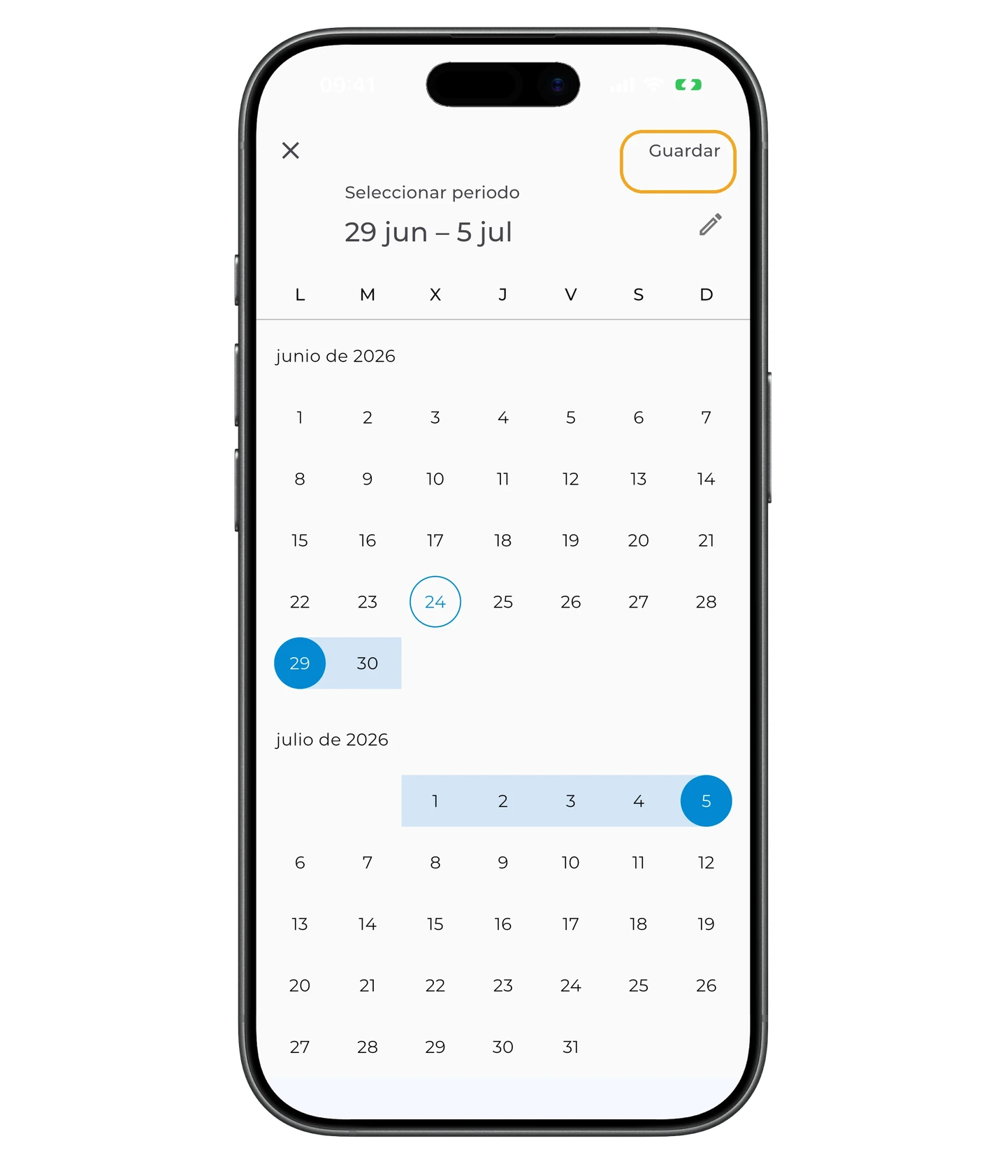 Selector de fechas con el botón Guardar