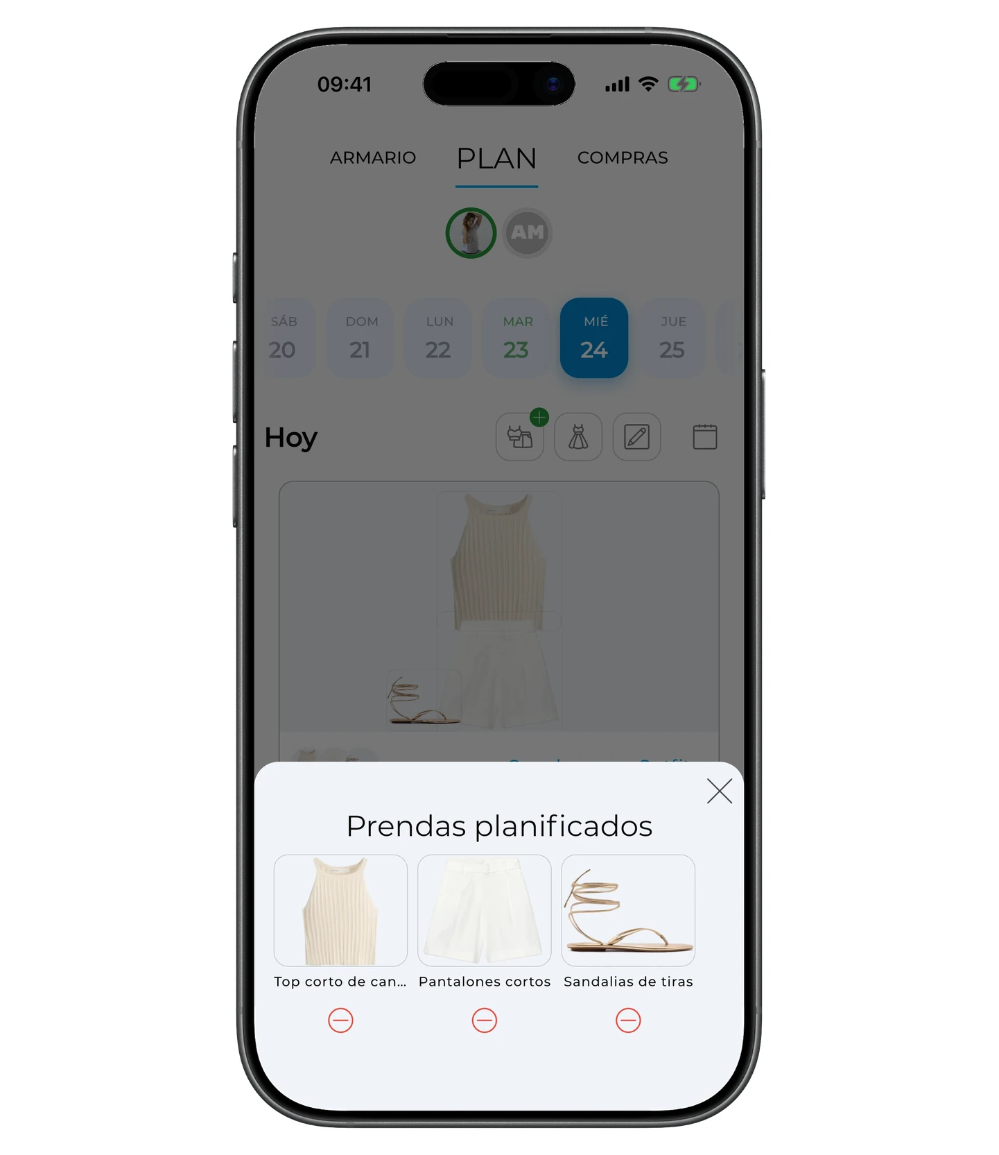 Lista de prendas planificadas con iconos de menos para quitarlas