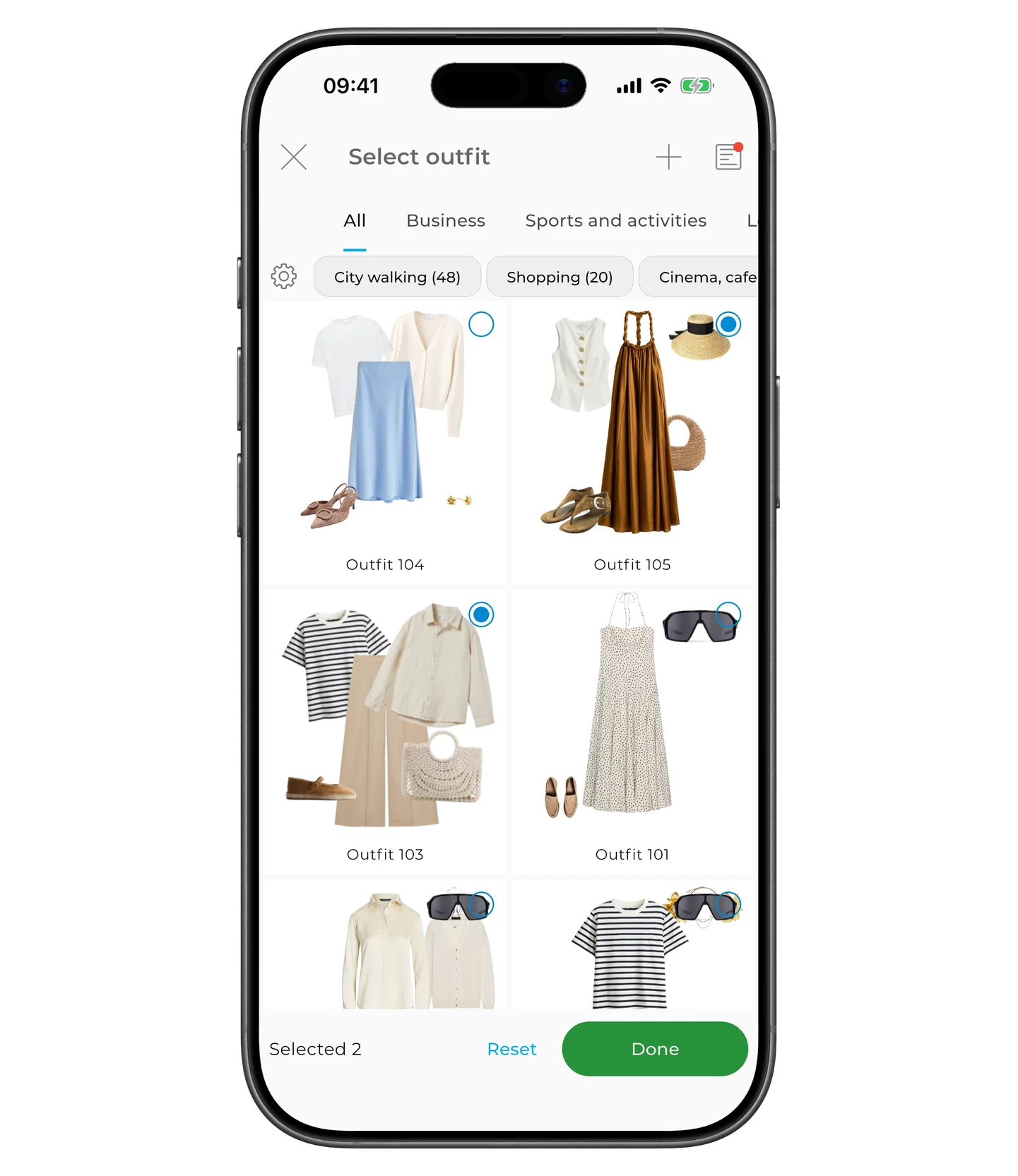 Selector de outfit con uno seleccionado